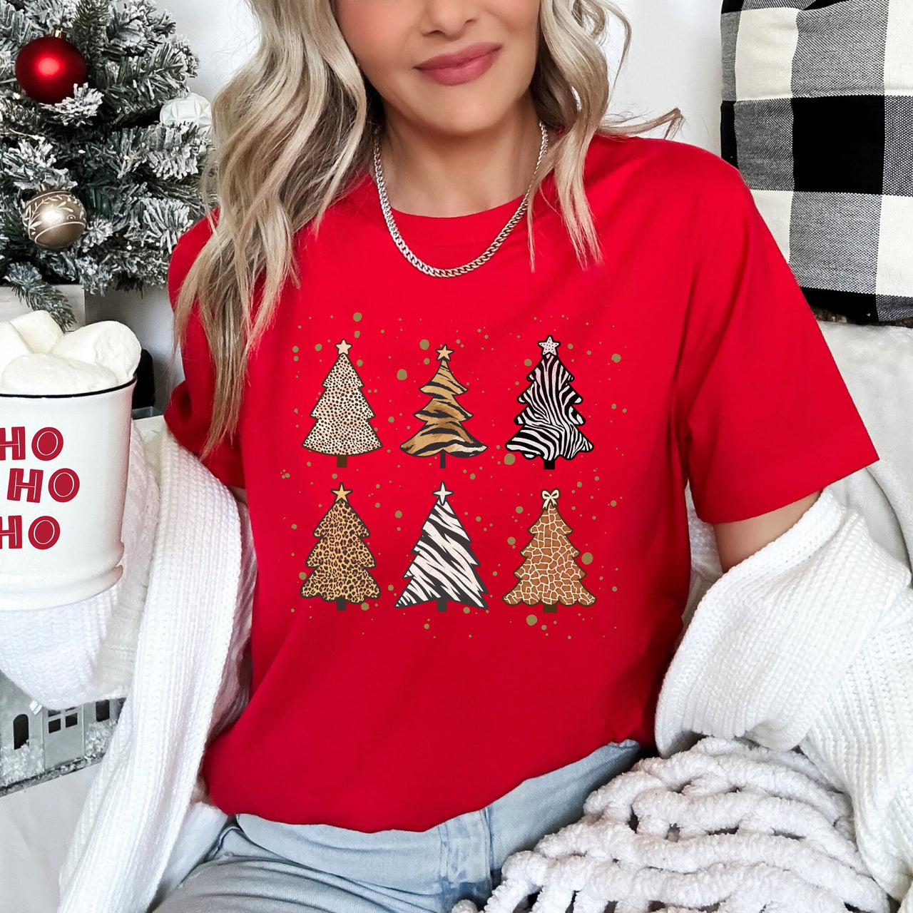 Christmas Trees Animal Print Leopard Zebra Tiger Retro Holiday Seasonal Graphic Tee