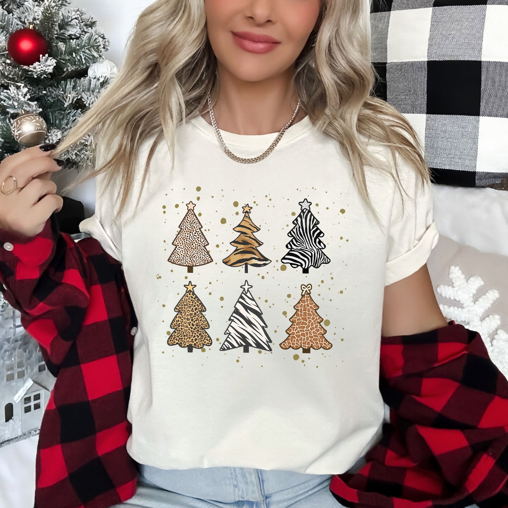 Christmas Trees Animal Print Leopard Zebra Tiger Retro Holiday Seasonal Graphic Tee