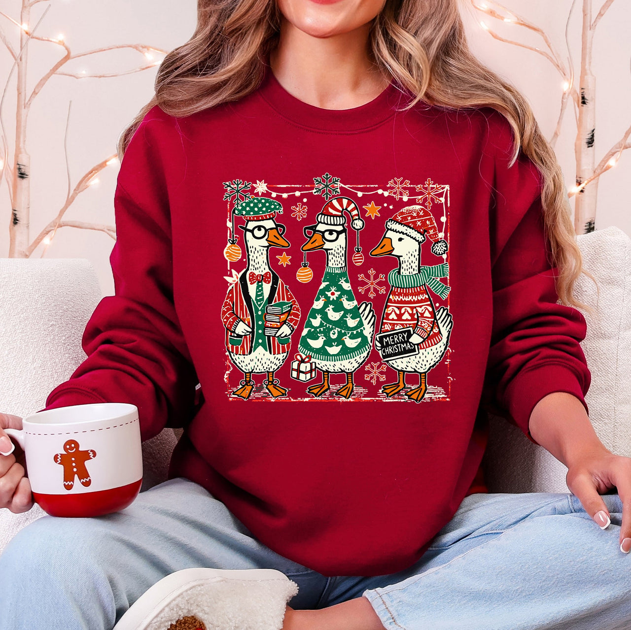 Christmas Geese Festive Holiday Illustration Vintage Retro Cozy Winter Scene Sweatshirt