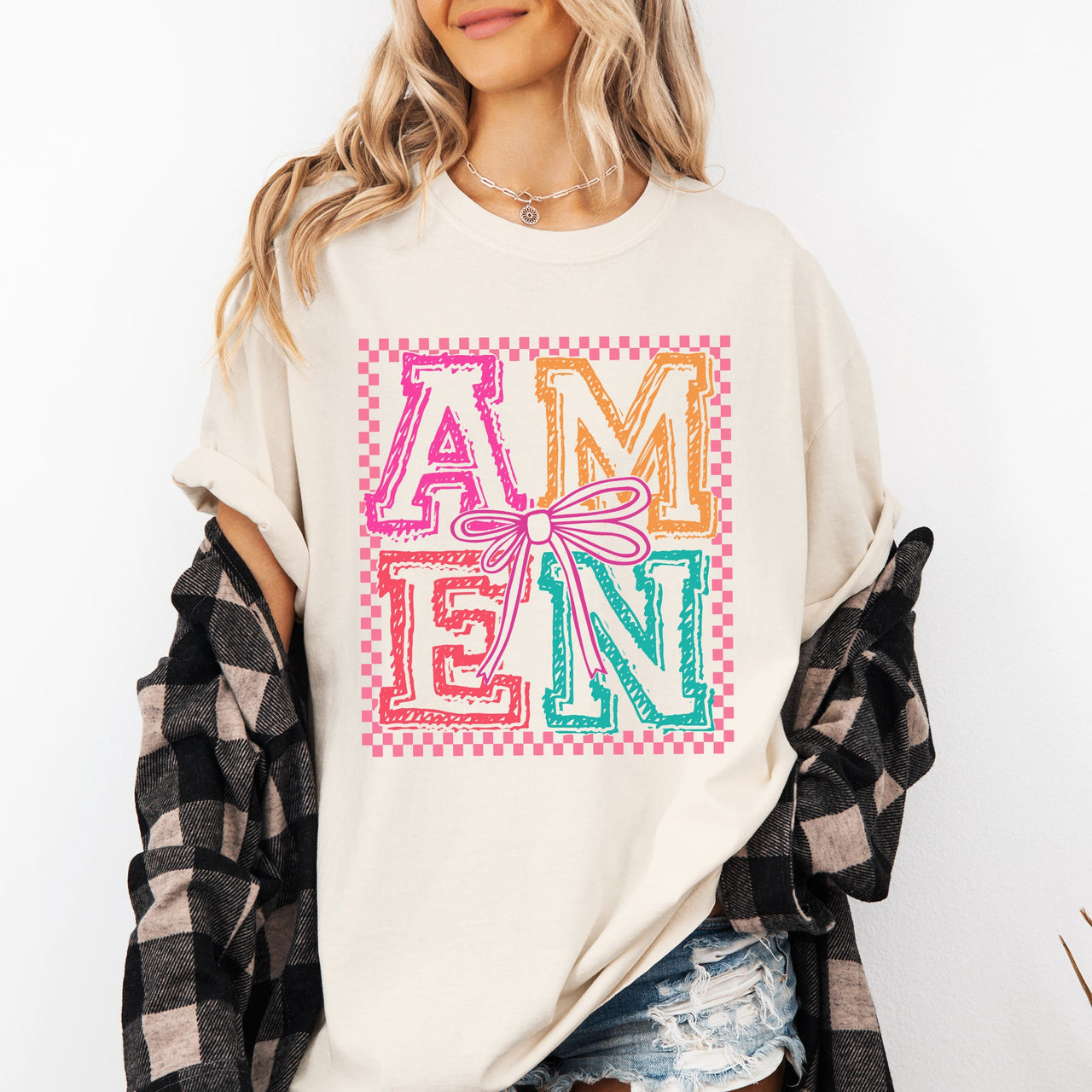 Colorful Amen Bows Coquette Christian Jesus Gospel Faith Saved Comfort Colors Tee
