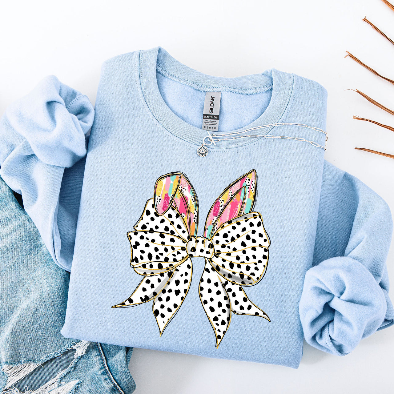 Coquette Dalmatian Print Rabbit Ears Ribbon Bows Easter Bunny Jesus Holiday Sweatshirt