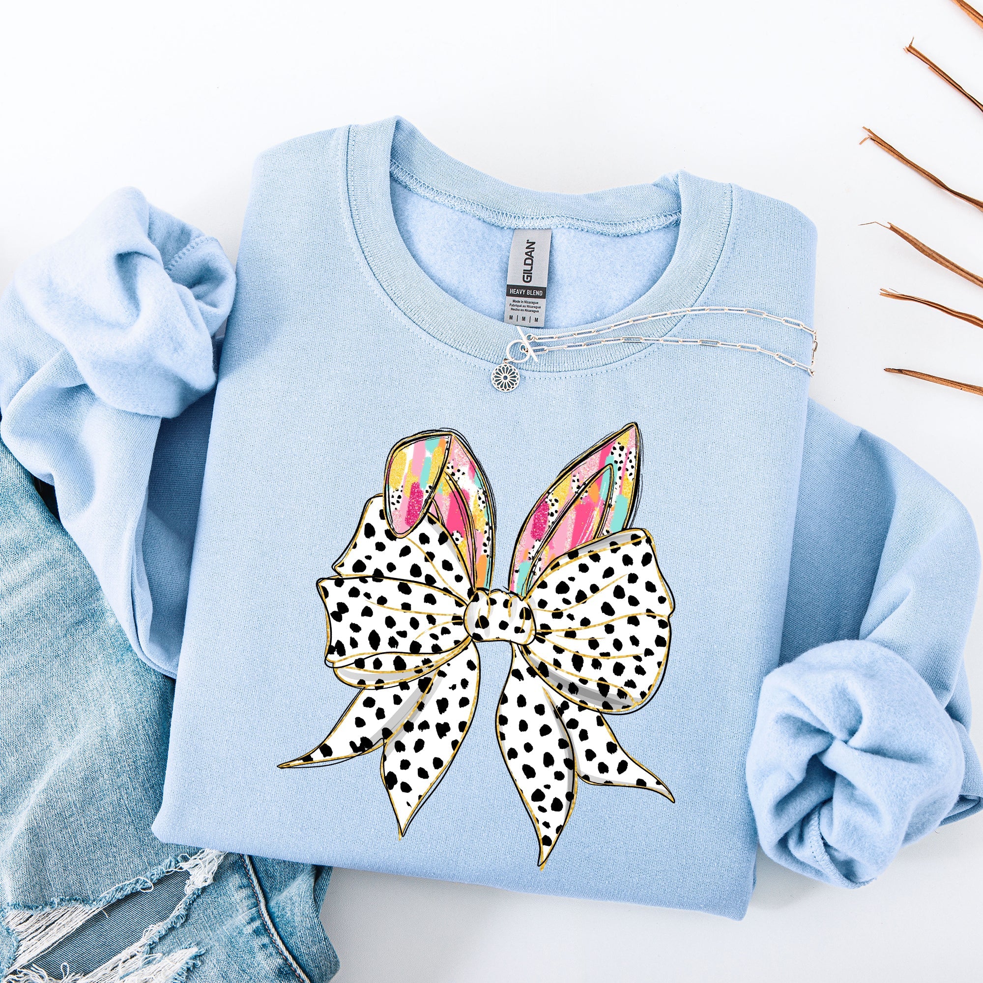 Coquette Dalmatian Print Rabbit Ears Ribbon Bows Easter Bunny Jesus Holiday Sweatshirt