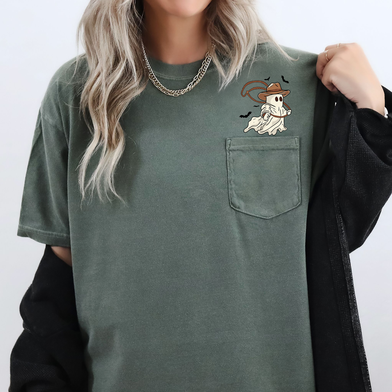 Cowboy Ghost Lasso Halloween Western Country Pocket Art Design Illustration Comfort Colors Tee