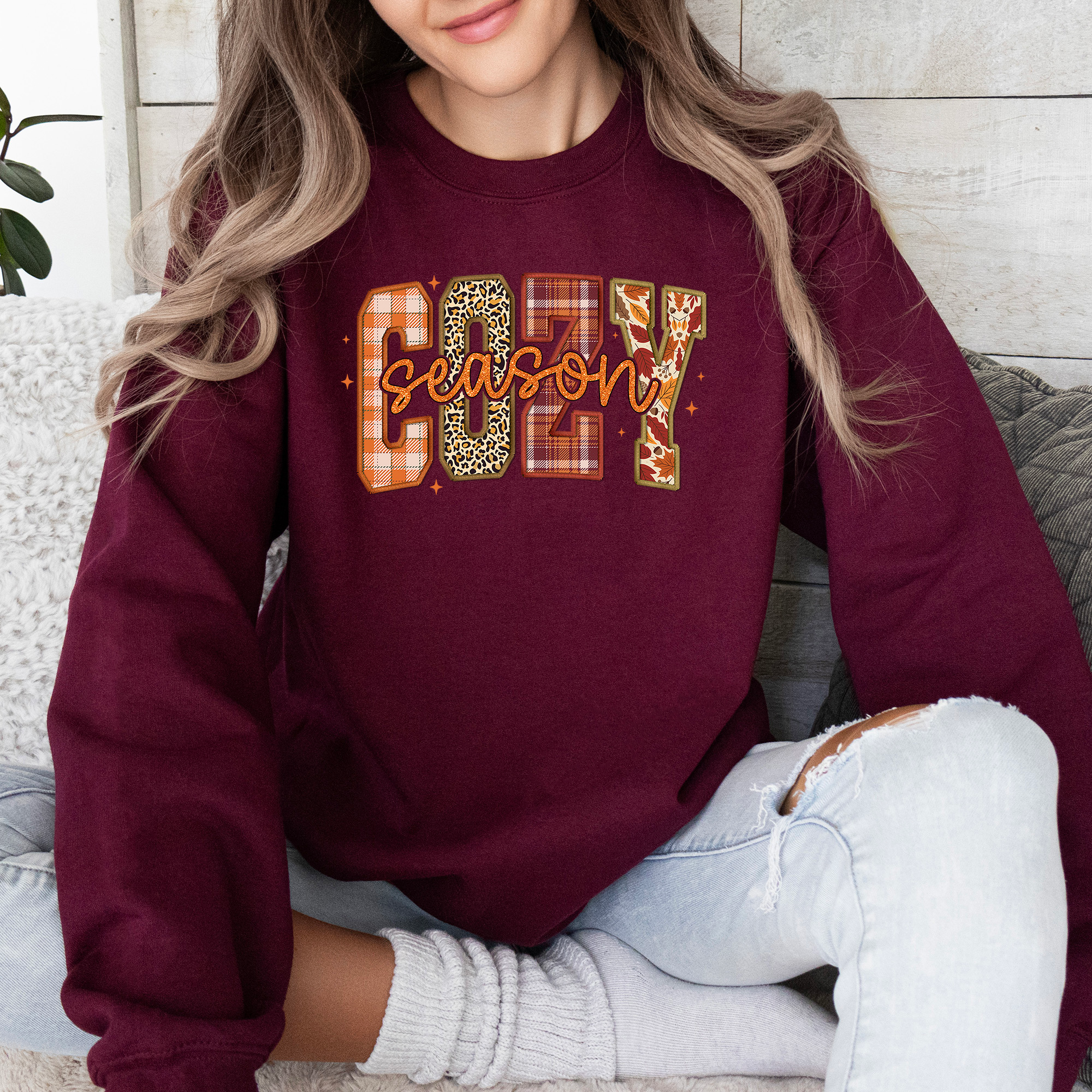 Cozy Season Patterns Fall Vibes Retro Varsity Pumpkin Floral Sunflower Halloween Autumn Sweatshirt