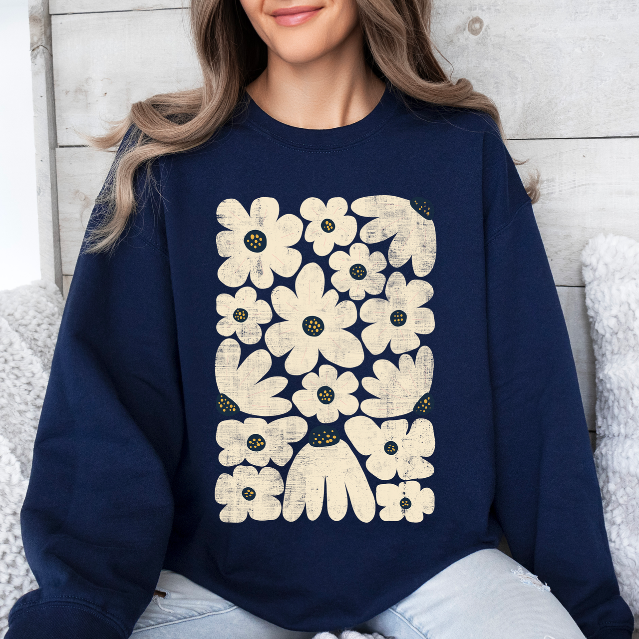 Cream Daisy Allover Floral Vintage Boho Nature Inspired Cozy Fall Print Sweatshirt