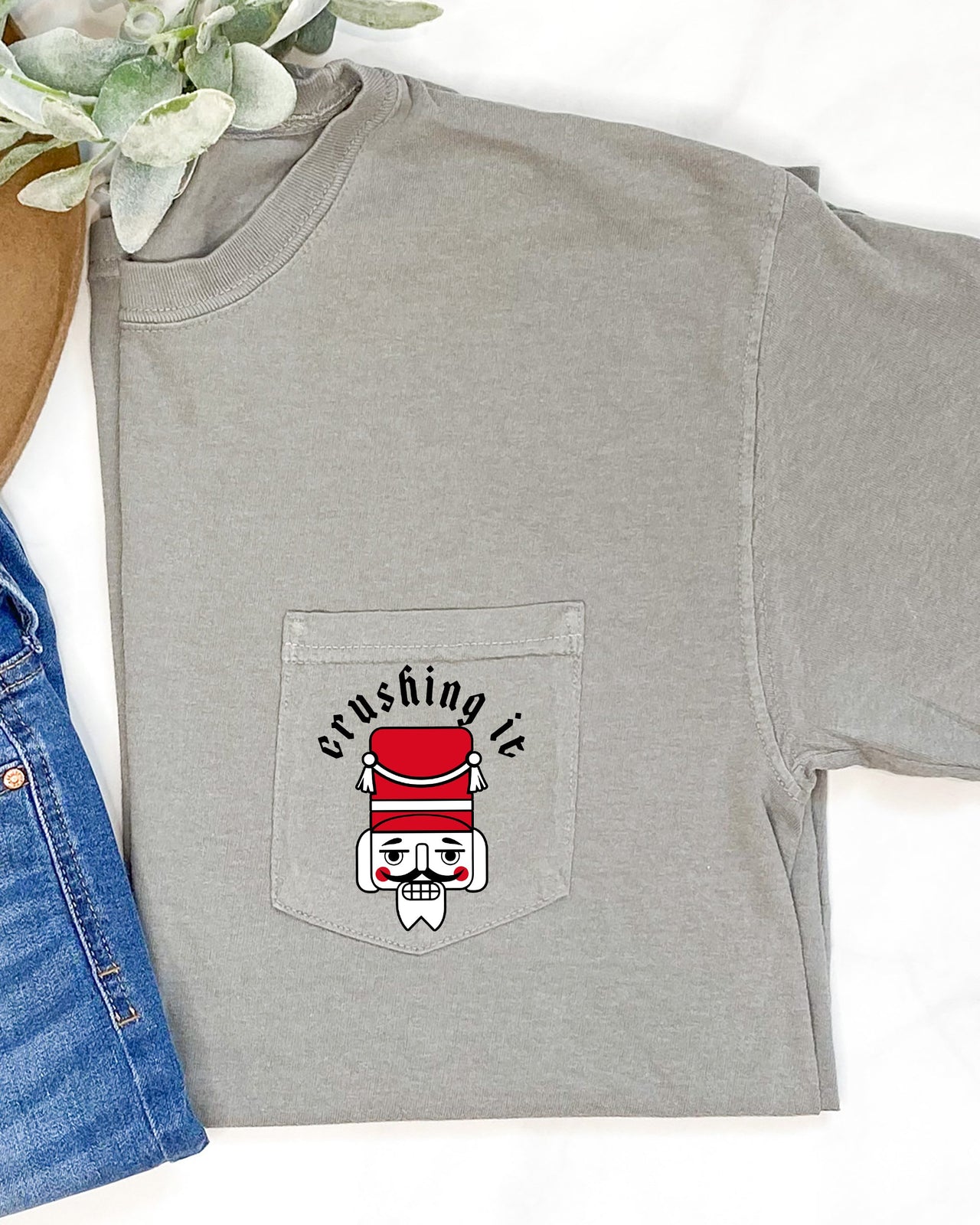 Crushing It Nutcracker Christmas Santa Snow Winter Xmas Festive Pocket Print Comfort Colors Tee