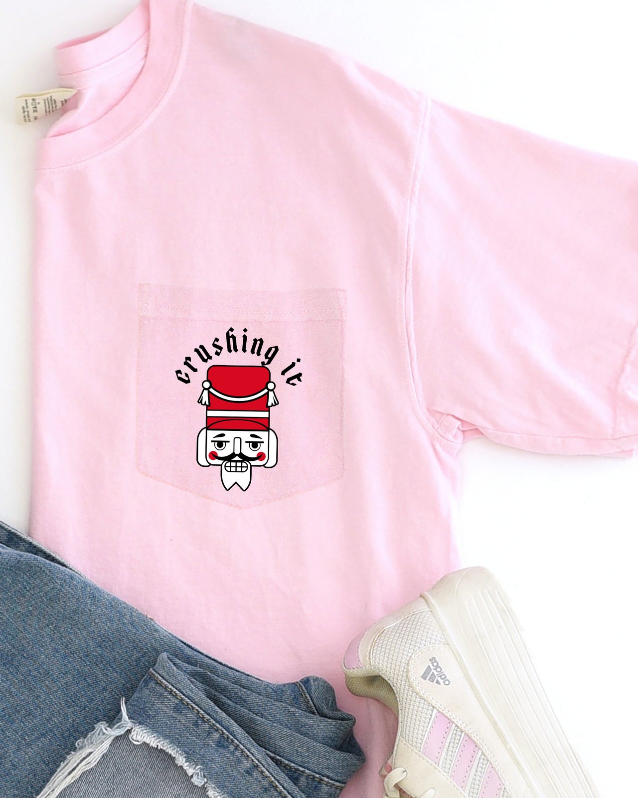 Crushing It Nutcracker Christmas Santa Snow Winter Xmas Festive Pocket Print Comfort Colors Tee