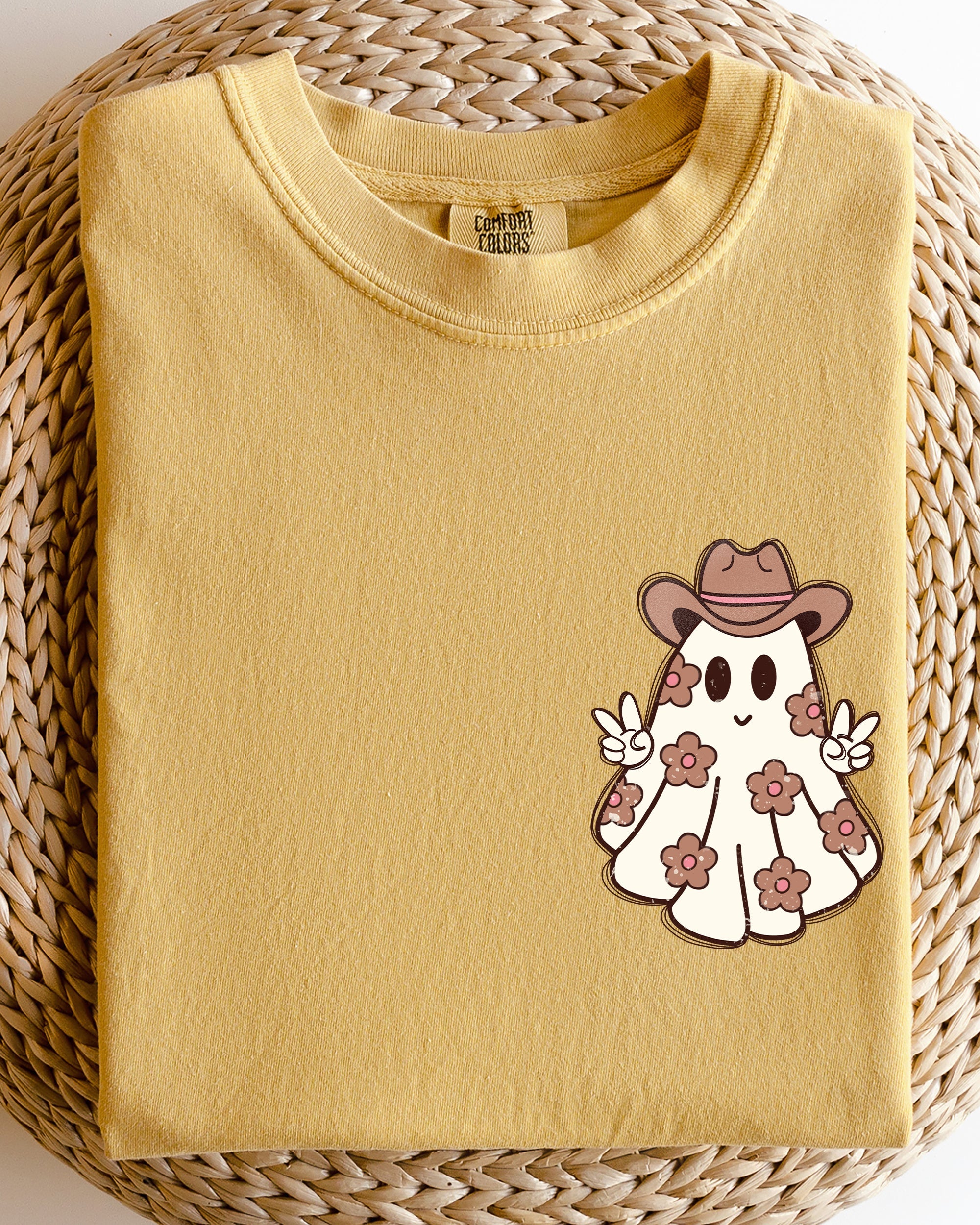 Cute Flower Ghost Cowboy Cowgirl Pocket Print Halloween Peace Comfort Colors Tee