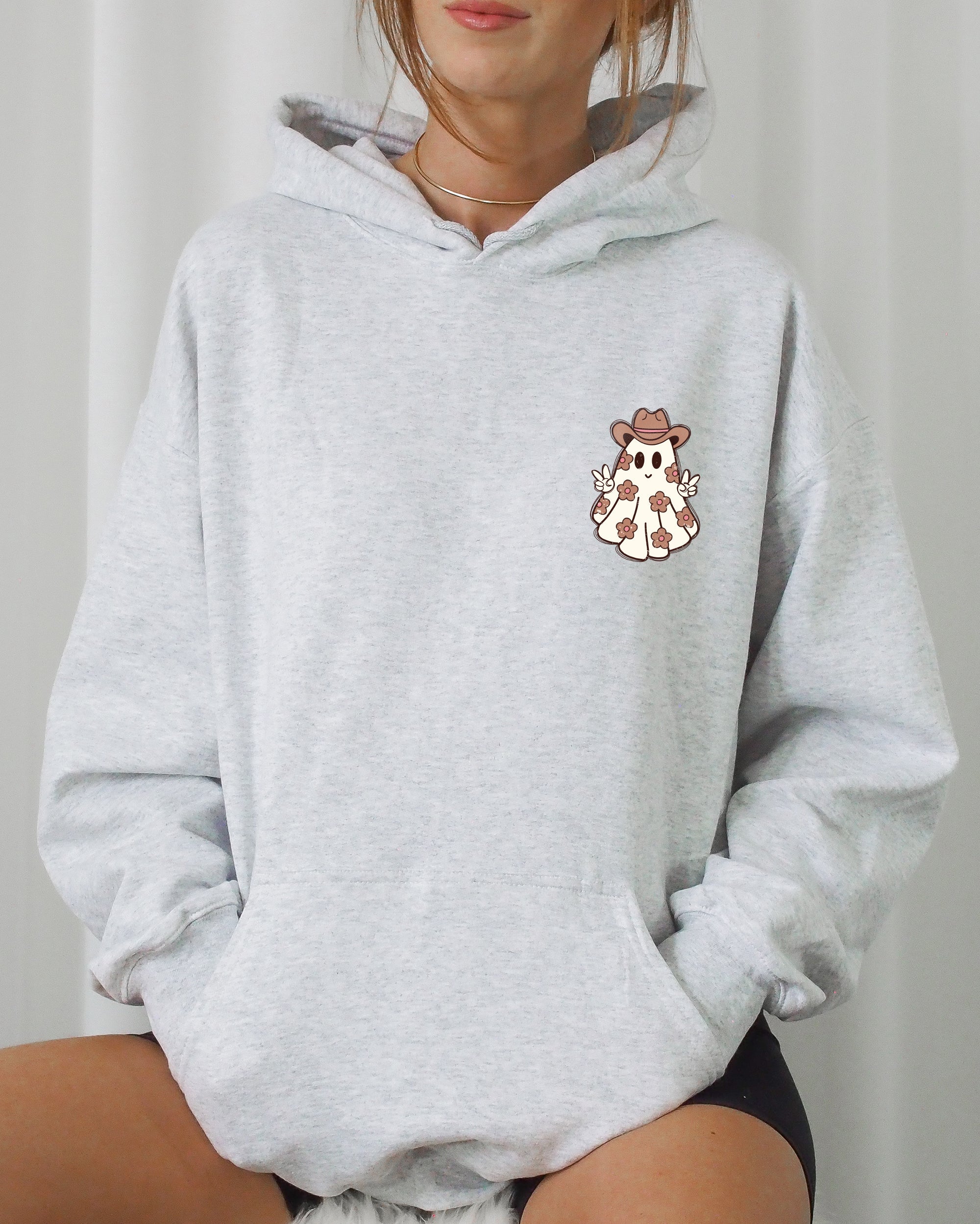 Cute Flower Ghost Cowboy Cowgirl Pocket Print Halloween Peace Cozy Hooded Sweatshirt