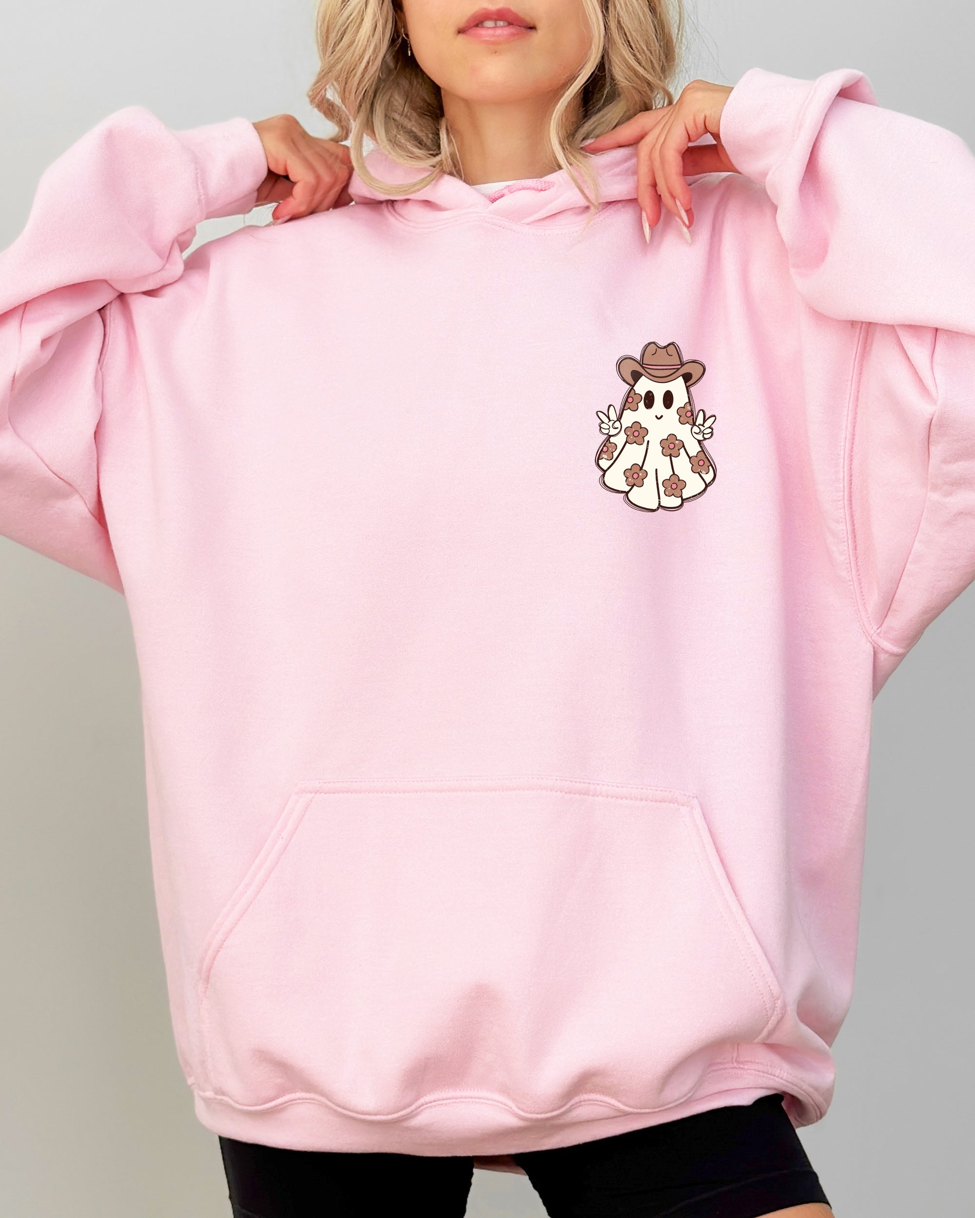 Cute Flower Ghost Cowboy Cowgirl Pocket Print Halloween Peace Cozy Hooded Sweatshirt
