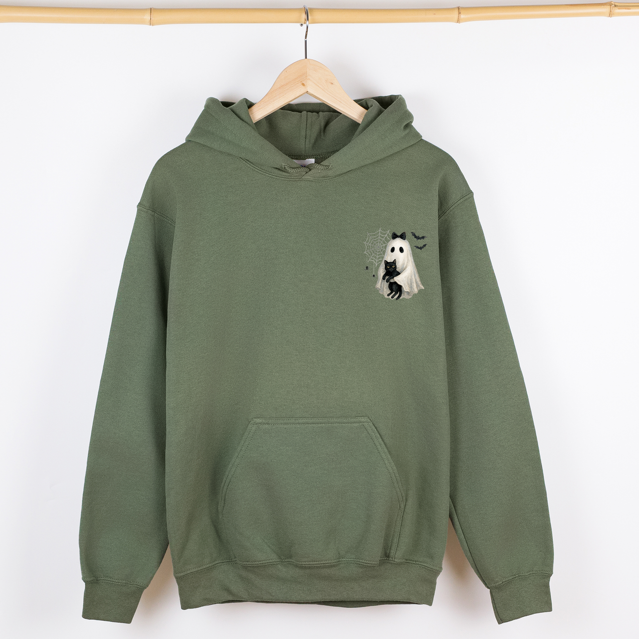 Cute Ghost And Black Cat Halloween Coquette Retro Jack-O-Lantern Whimsy Pocket Hoodie