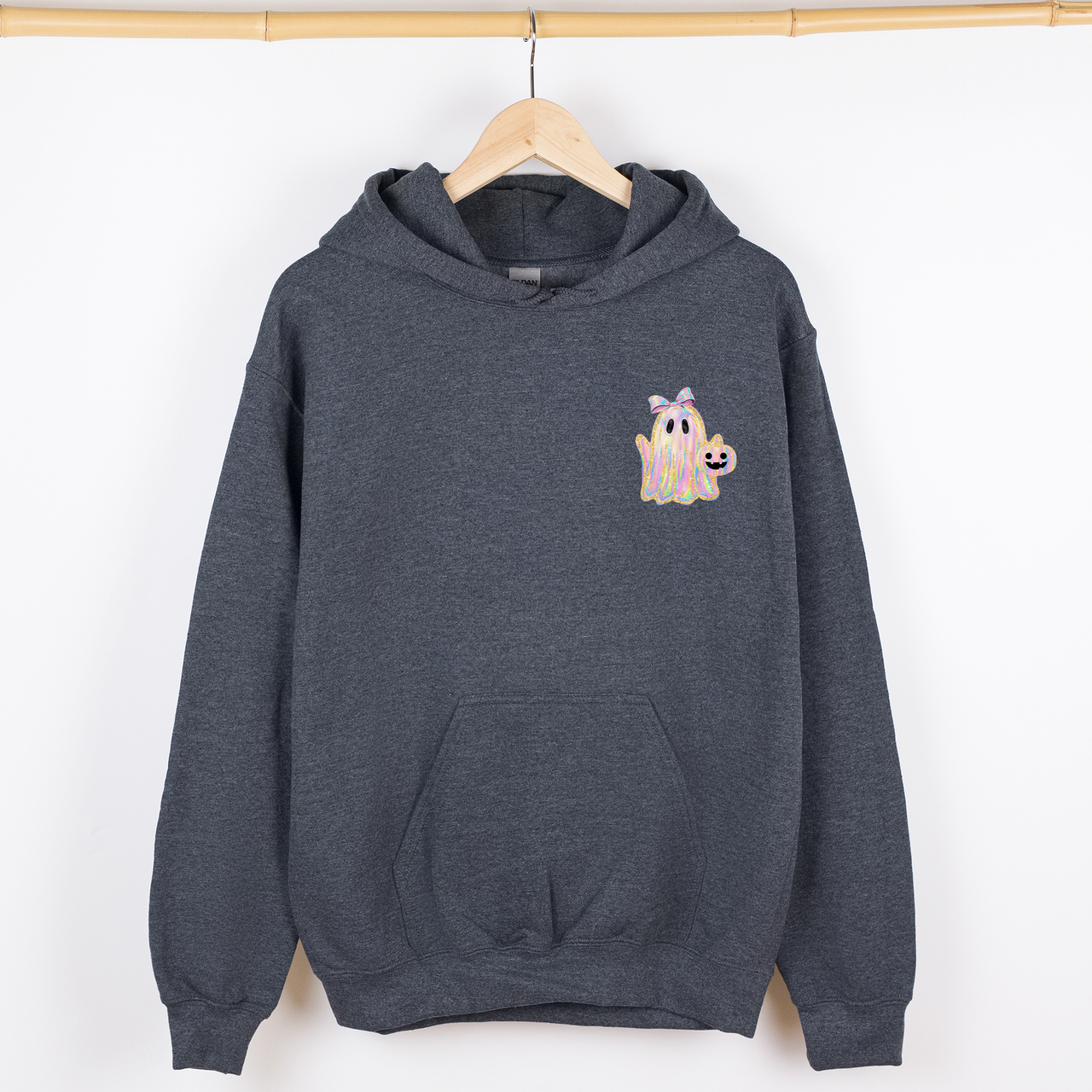 Cute Ghost Coquette Ribbon Faux Glitter Halloween Vintage Inspired Cozy Nighttime Charm Pocket Hoodie