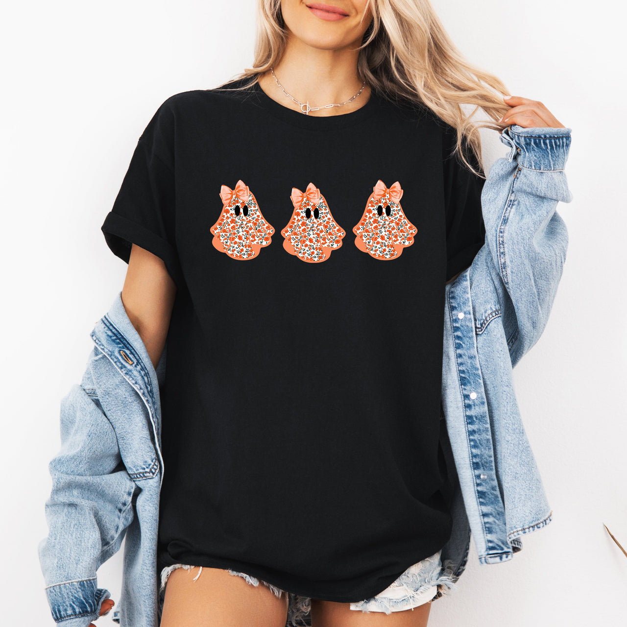 Halloween Ghosts Pattern Coquette Graphic Tee for Festive Halloween Fashion and Cozy Comfort