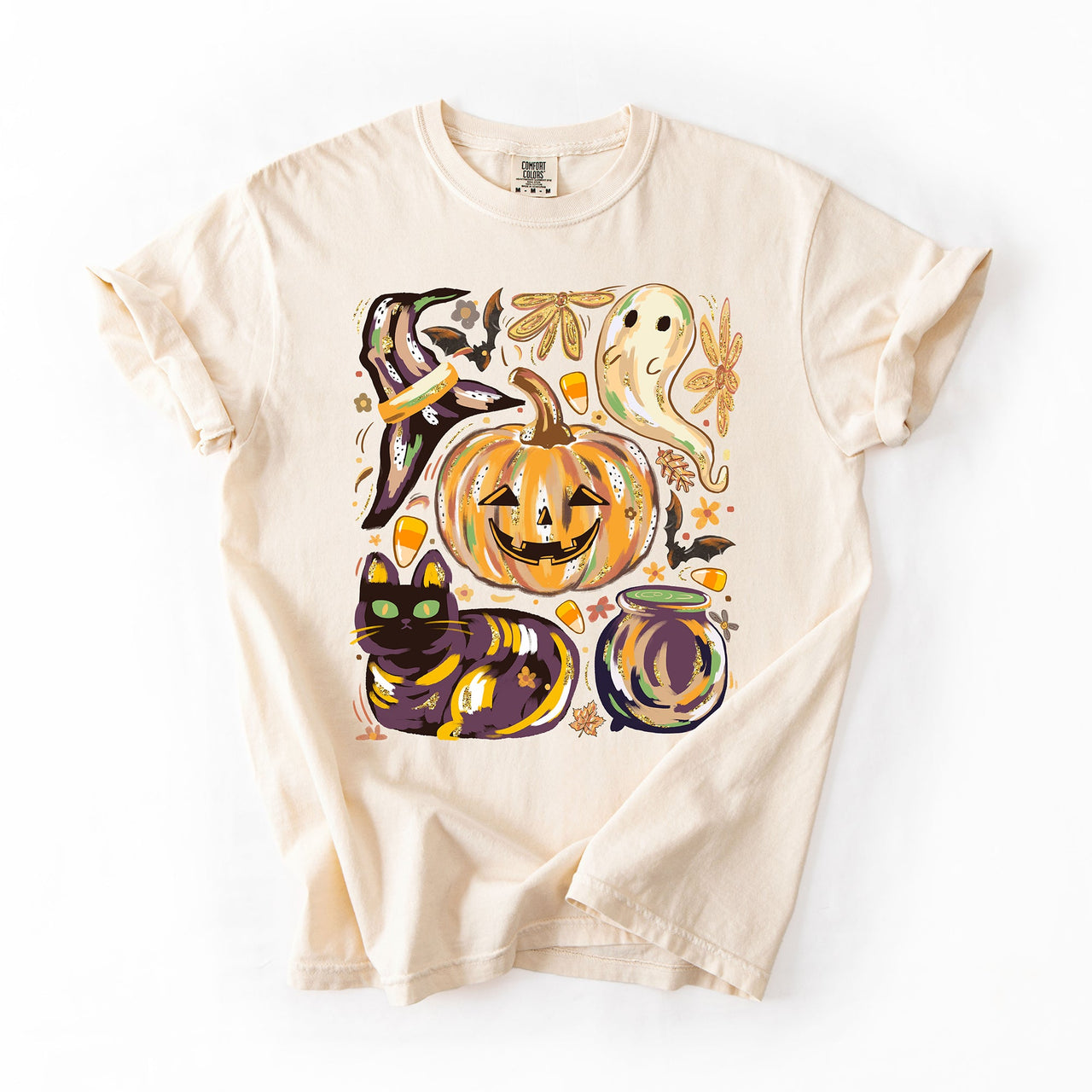 Cute Halloween Painted Pumpkin Black Cat Ghost Witch Festive Scene Comfort Colors Tee
