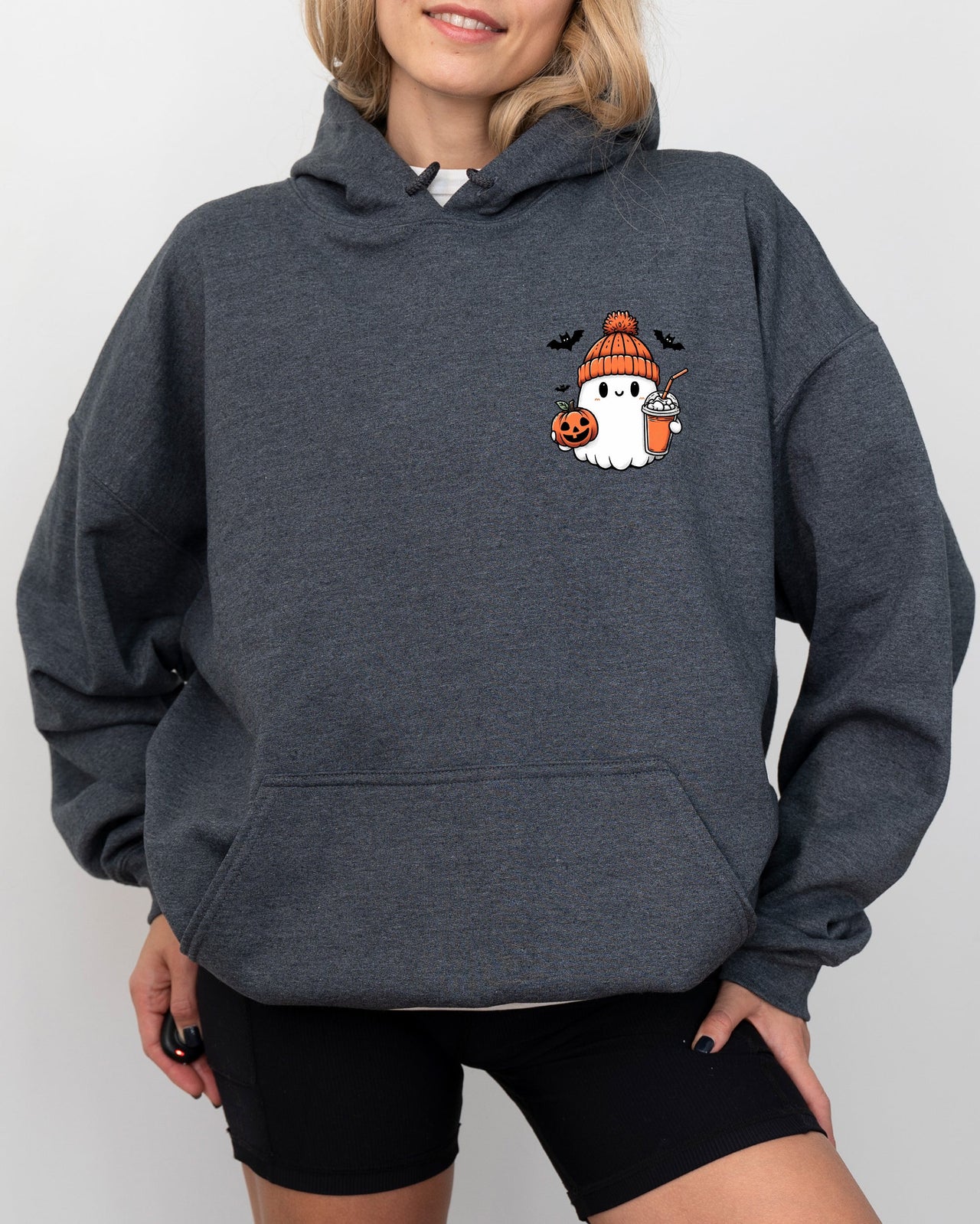 Orange Ghost Pocket Print Halloween Coffee Bats Whimsical Nighttime Scene Hooded Sweatshirt