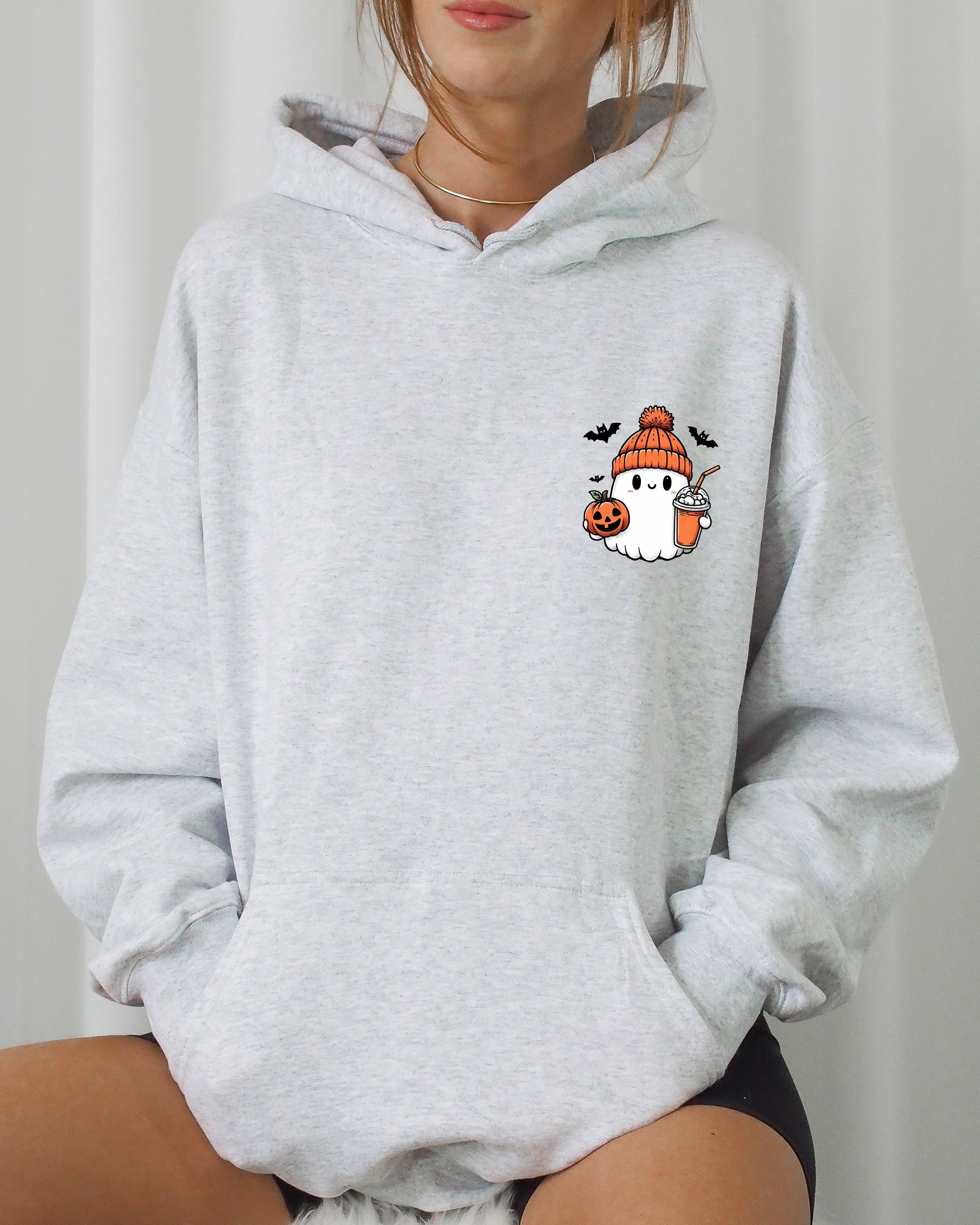 Orange Ghost Pocket Print Halloween Coffee Bats Whimsical Nighttime Scene Hooded Sweatshirt
