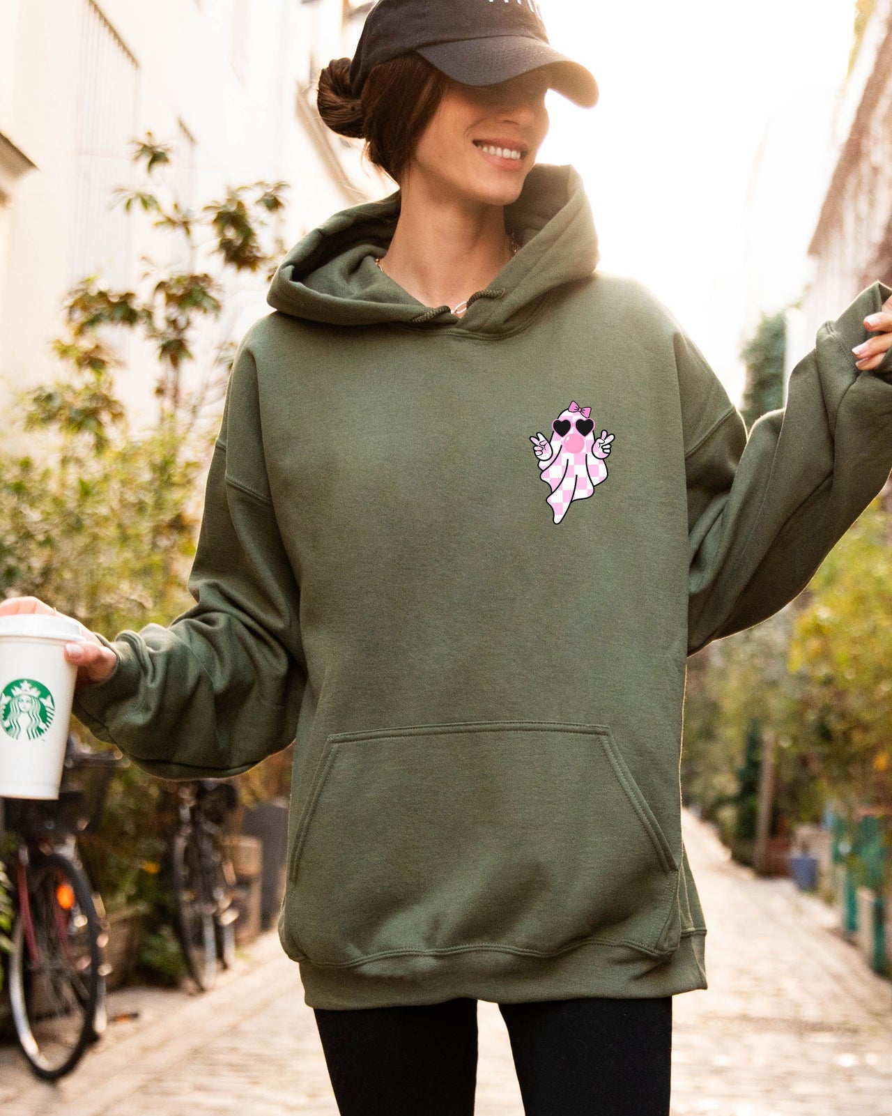 Cute Pink Bubblegum Ghost Pocket Print Halloween Peace Bow Ribbon Hooded Sweatshirt