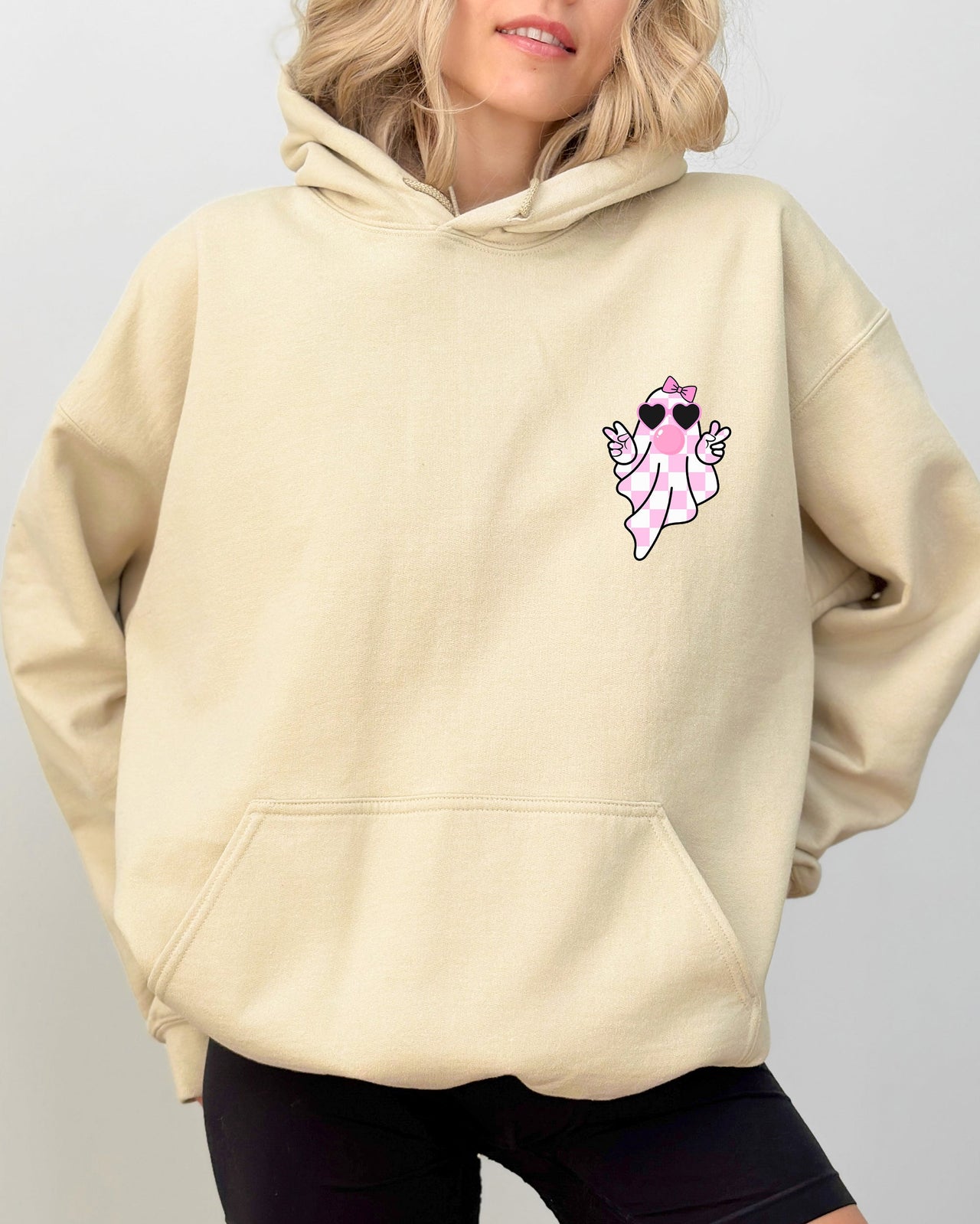 Cute Pink Bubblegum Ghost Pocket Print Halloween Peace Bow Ribbon Hooded Sweatshirt
