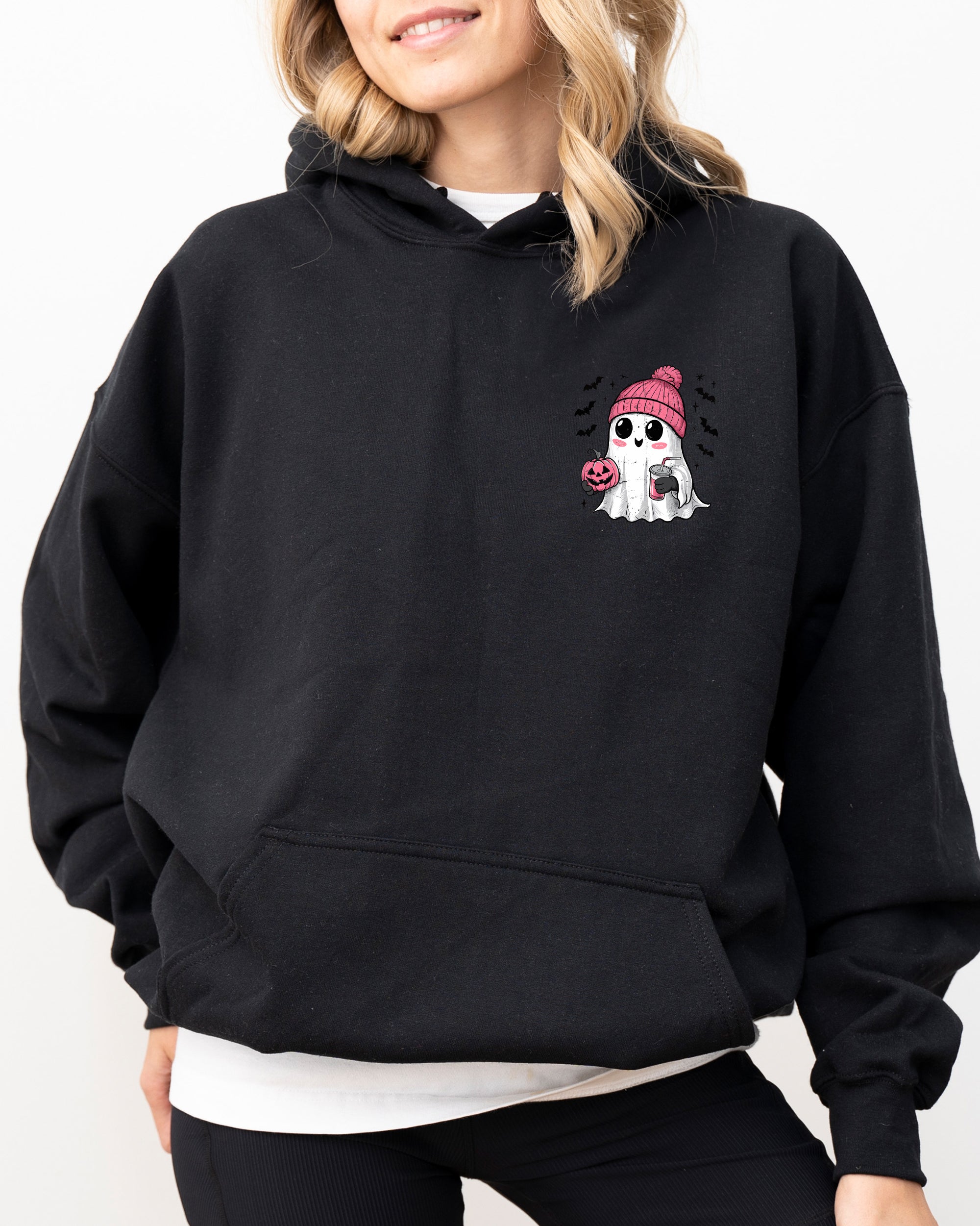 Cute Pink Ghost Pocket Print Halloween Coffee Bats Cozy Night Graphic Design Collection Hooded Sweatshirt