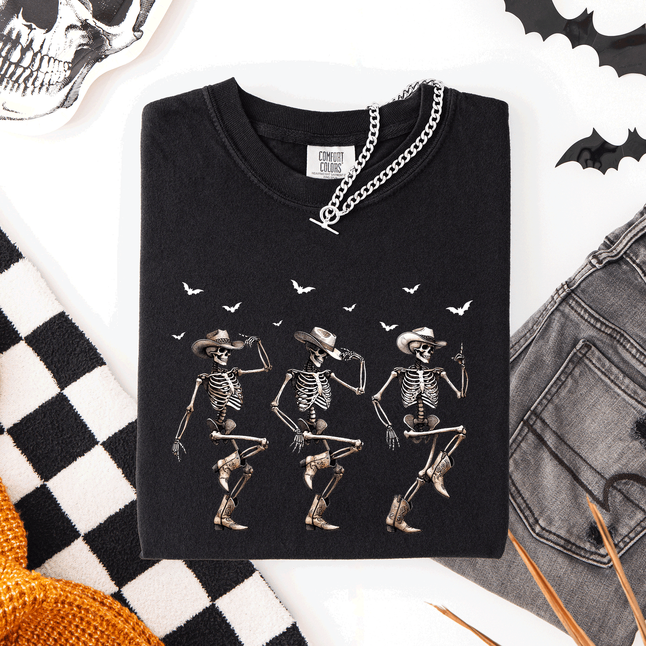 Dancing Cowboy Skeletons, Halloween Bats Limited Edition Artwork Comfort Colors Tee