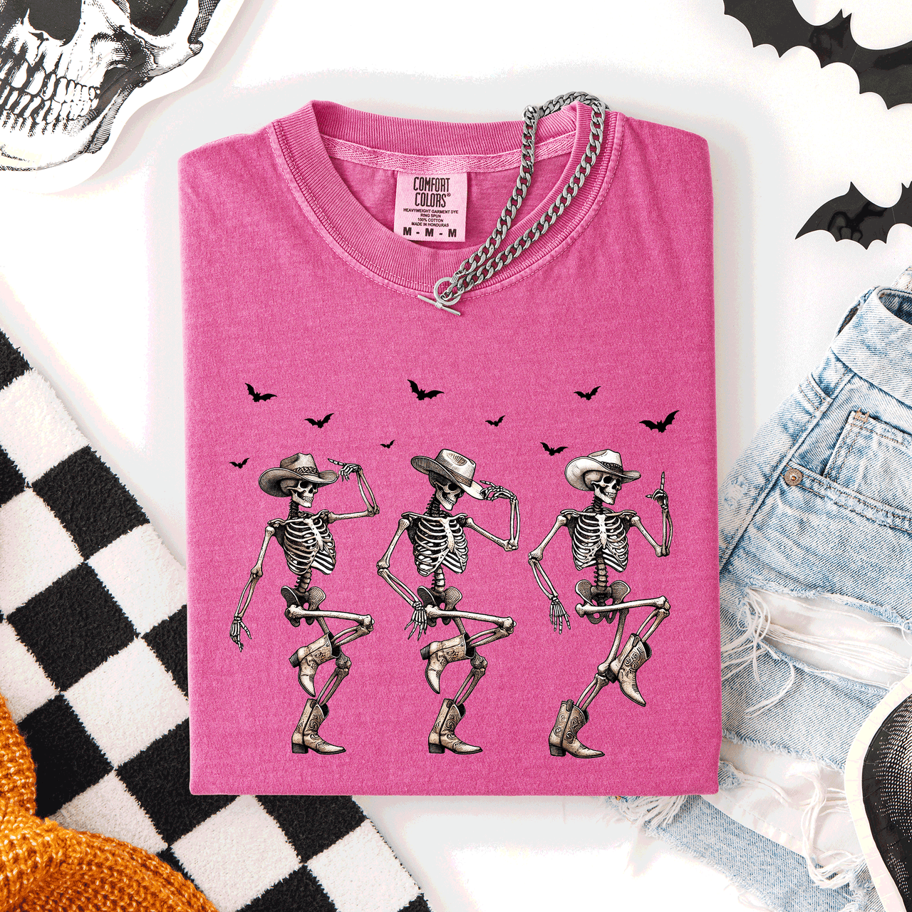 Dancing Cowboy Skeletons, Halloween Bats Limited Edition Artwork Comfort Colors Tee