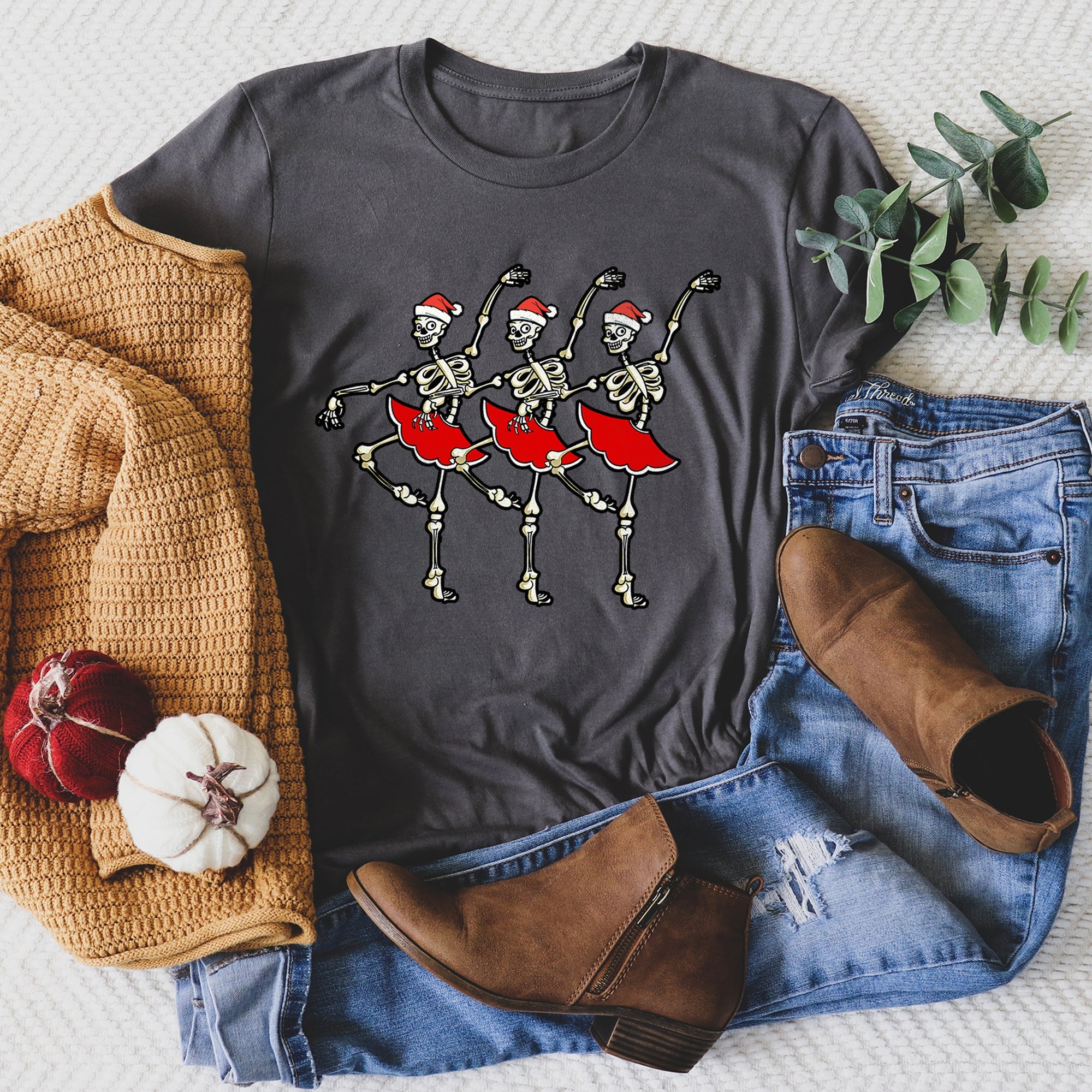 Dancing Skeleton Santa Girls Christmas Ballet Illustration Holiday Collection Graphic Tee
