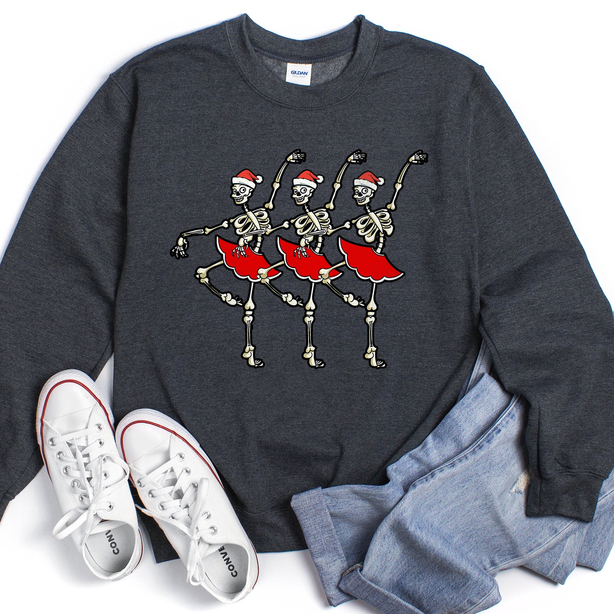 Dancing Skeleton Santa Girls Festive Holiday Parade Graphic Print Cozy Cotton Comfort Fit Sweatshirt