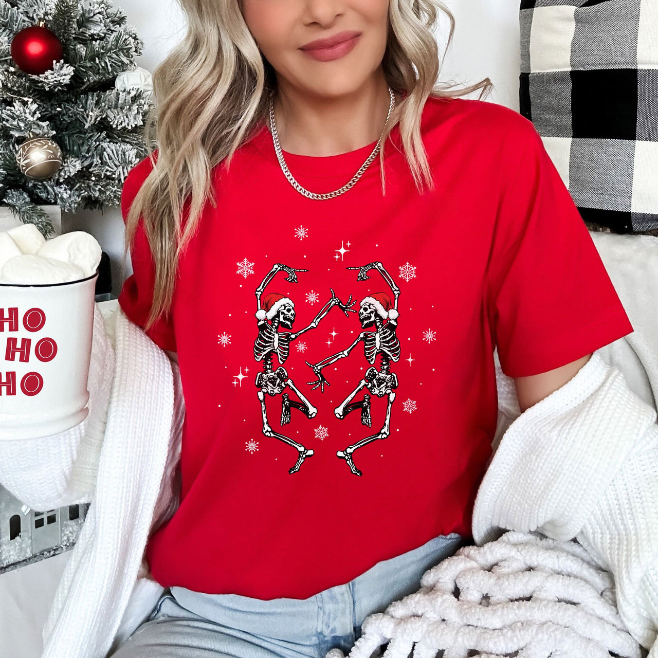 Dancing Skeletons Christmas Winter Snowflakes Snow Holiday Scene Limited Edition Graphic Tee