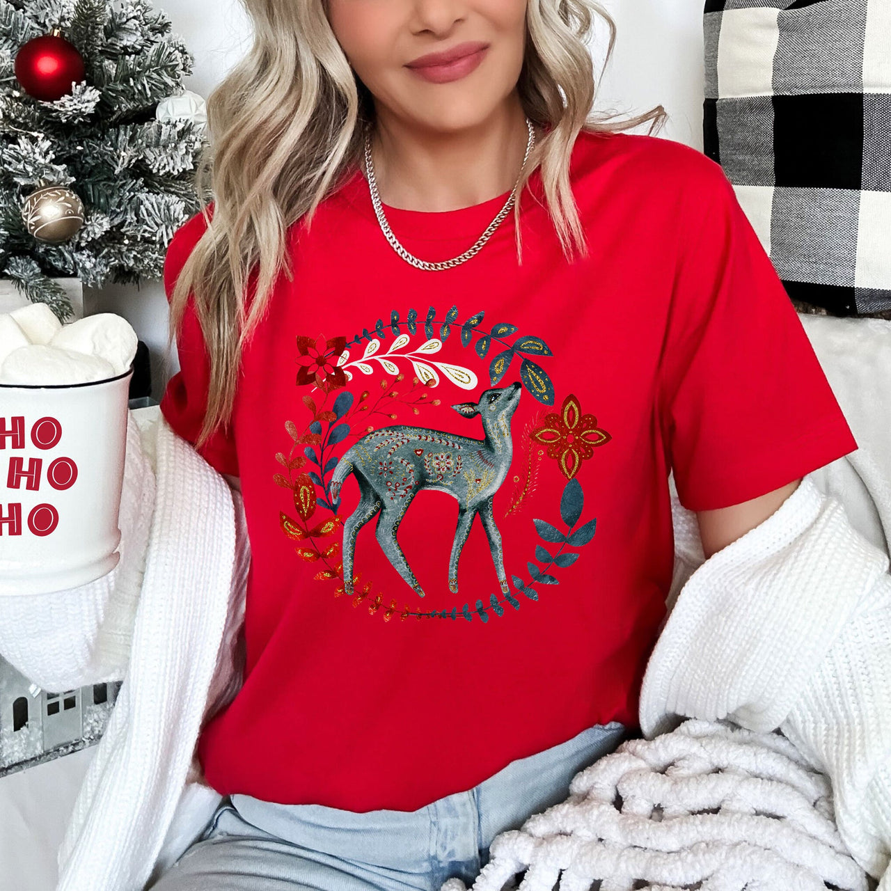 Deer Folk Art Scandinavian Winter Christmas Scene Hand Drawn Illustration Graphic Tee