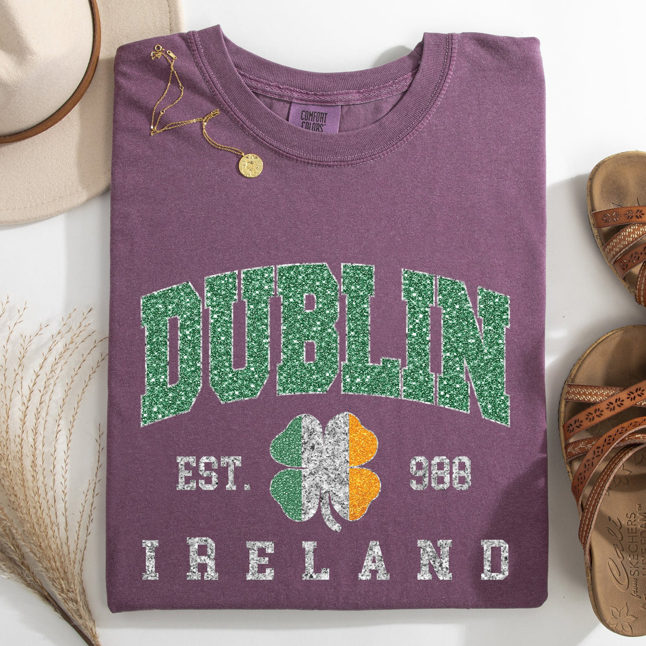 Dublin Faux Glitter St Patrick's Day Shamrock Clover Leprechaun Comfort Colors Tee