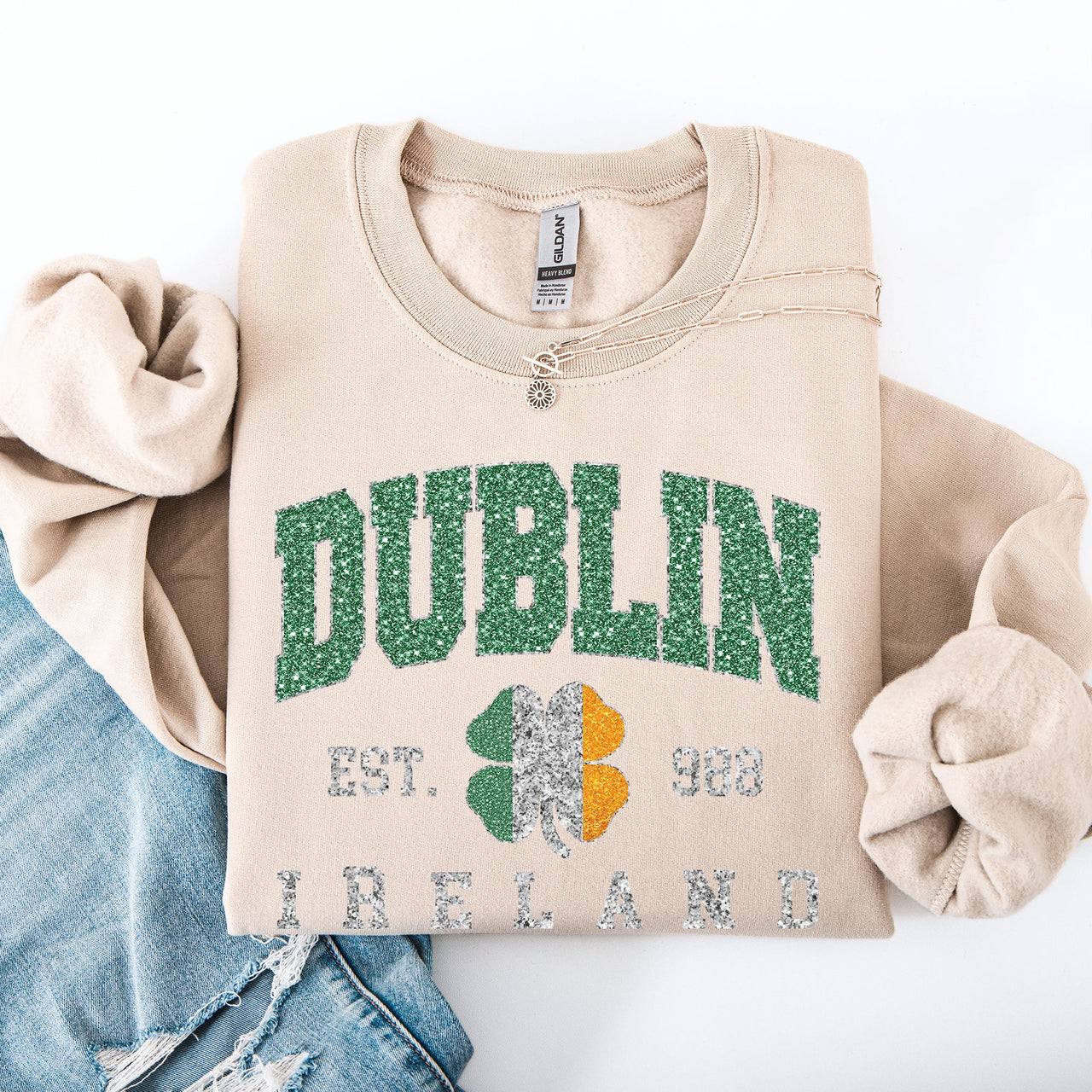 Dublin Leprechaun Faux Glitter St Patrick's Day Shamrock Clover Graphic Sweatshirt