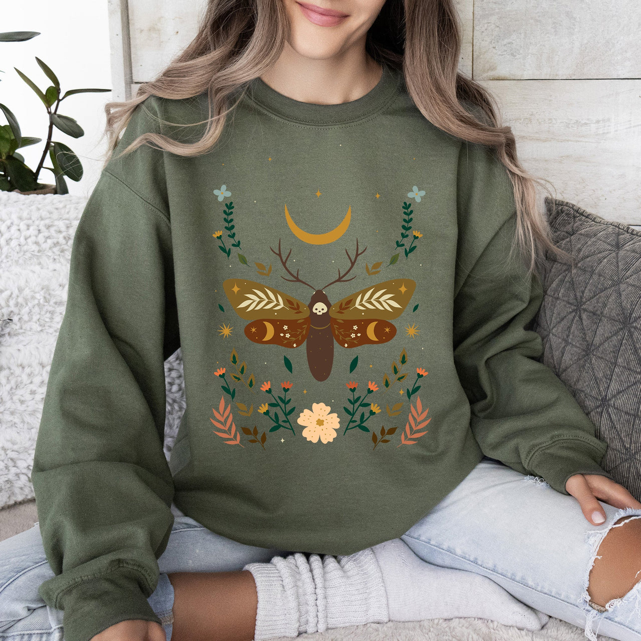 Enchanted Moth Garden Floral Print Nature Scene Botanical Garden Artwork Sweatshirt