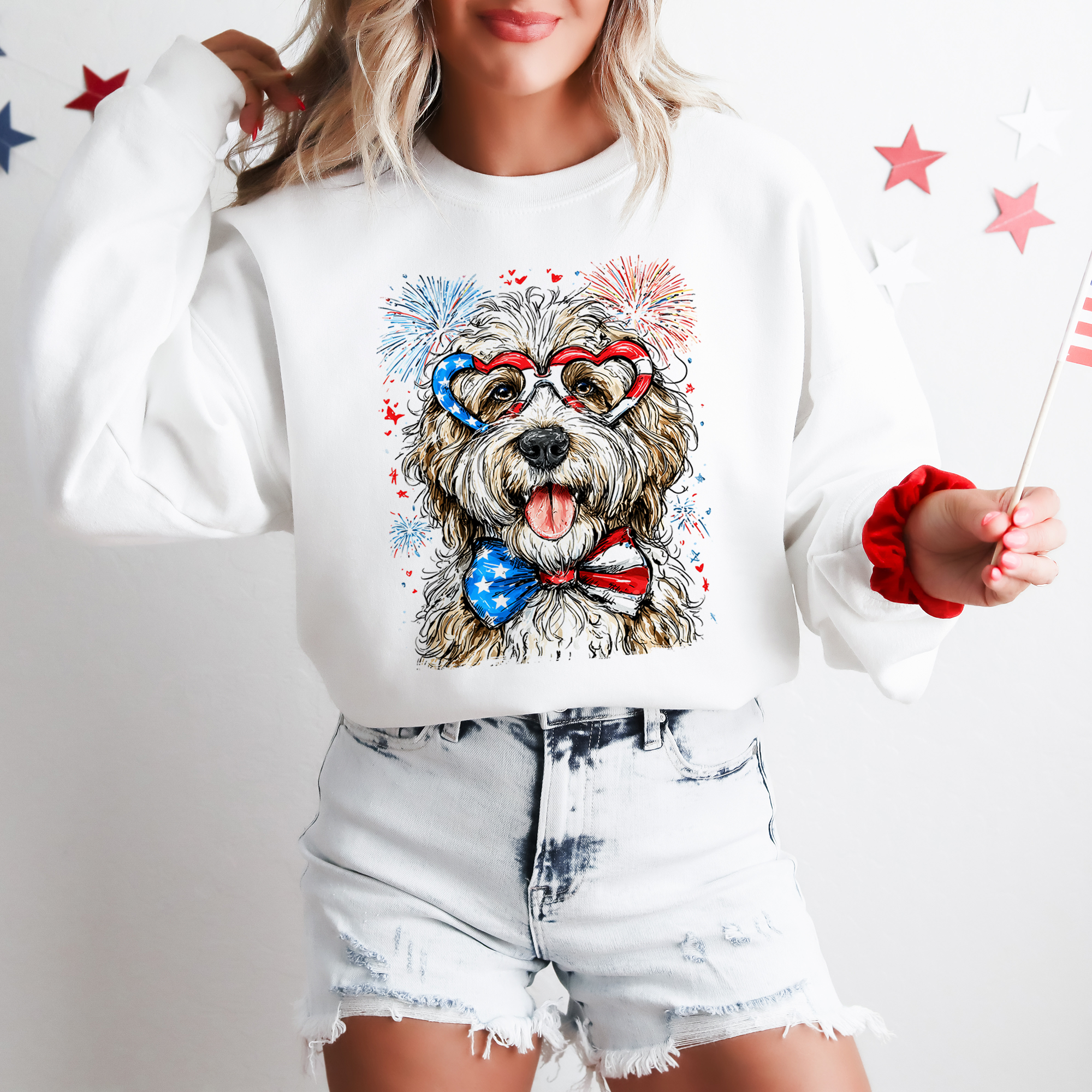 English Sheepdog Patriotic 4th of July Dog Proud American Flag Art Vintage Sweatshirt