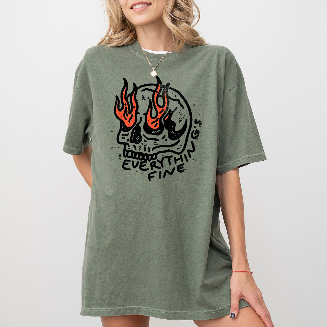 Everything's Fine Skeleton Fire Halloween Meme Graphic Illustration Edition Comfort Colors Tee