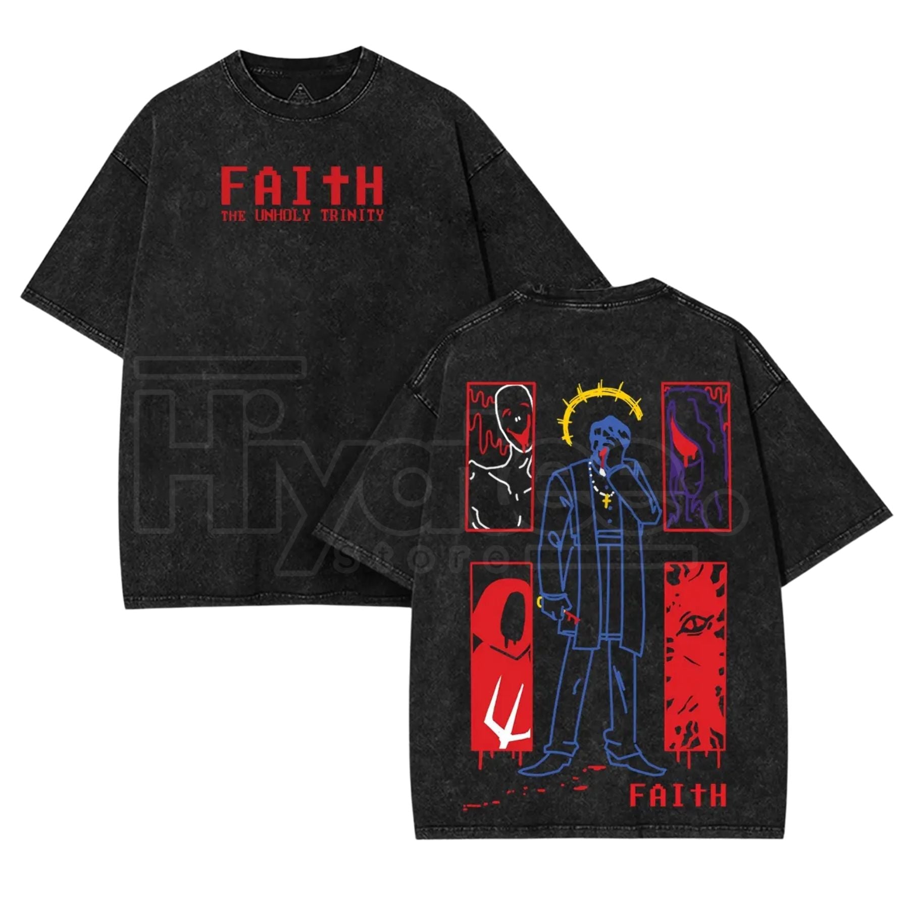 FAITH Horror Game T-Shirt – Vintage Washed Heavyweight Cotton, Retro Pixel Exorcist Tee