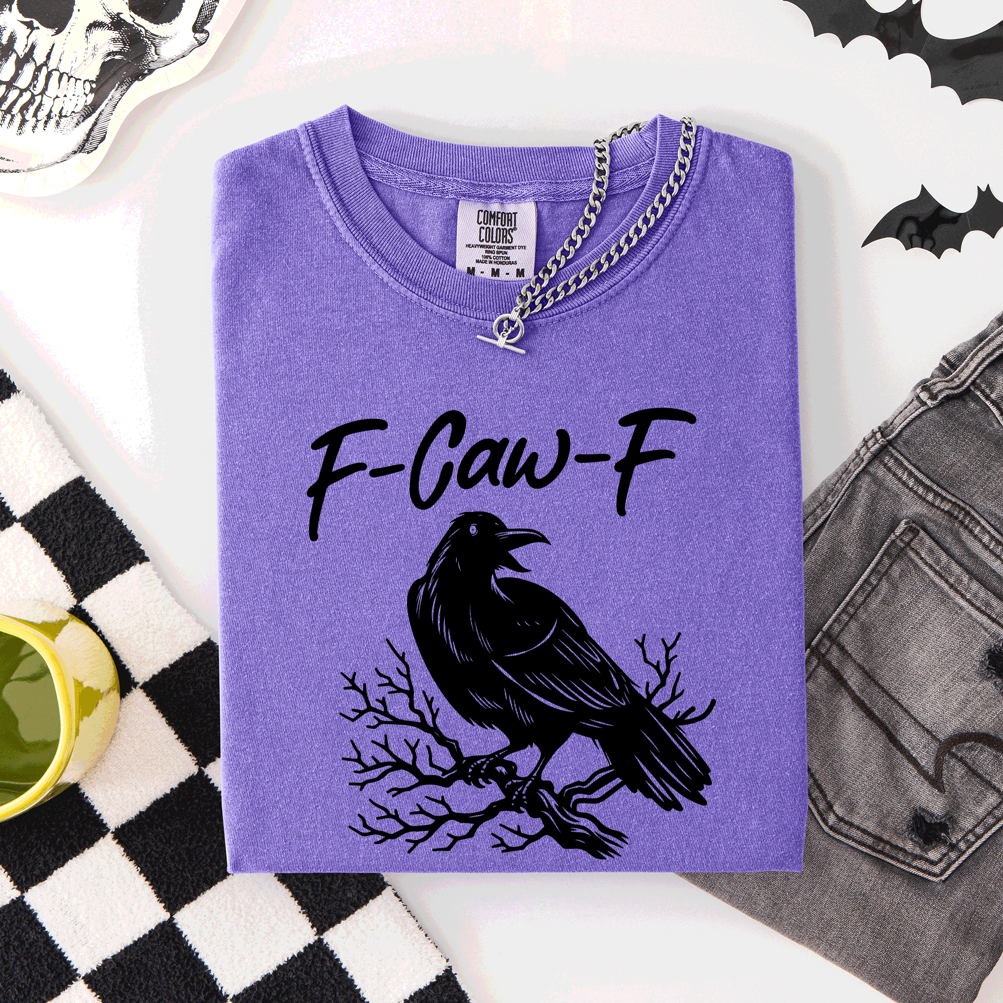 F Caw F Raven Crow Halloween Gothic Witch Spooky Nightfall Velvet Shadows Comfort Colors Tee