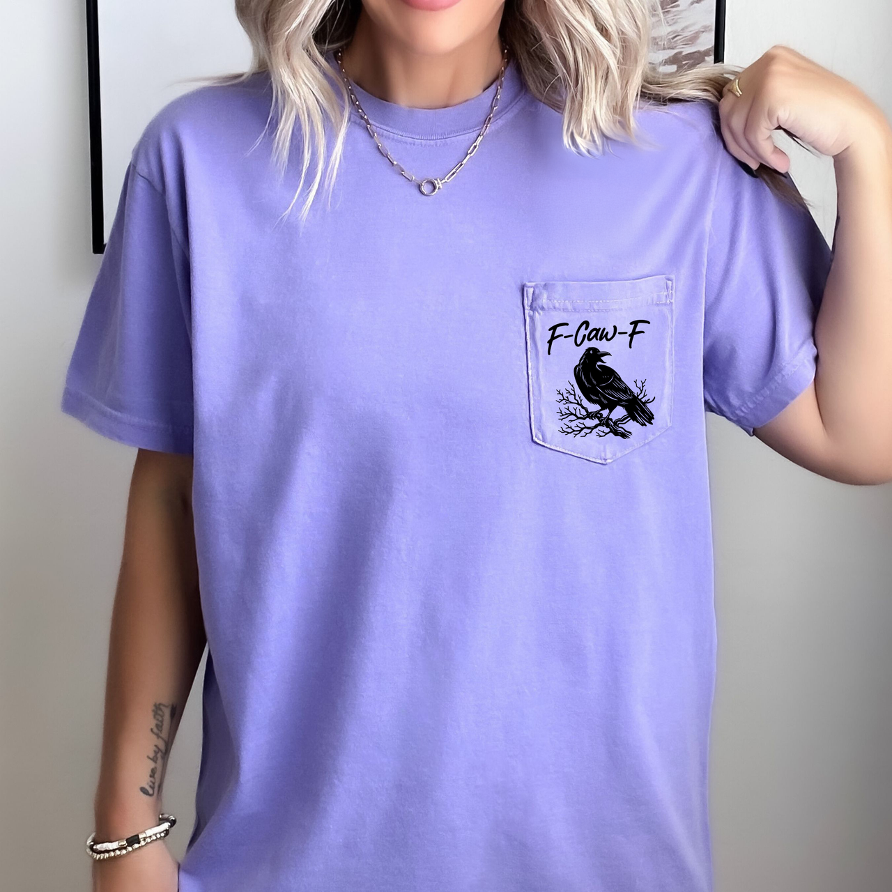 F Caw F Raven Crow Gothic Halloween Witch Spooky Dark Humor Crude Crass Laughs Pocket Vibe Comfort Colors Tee