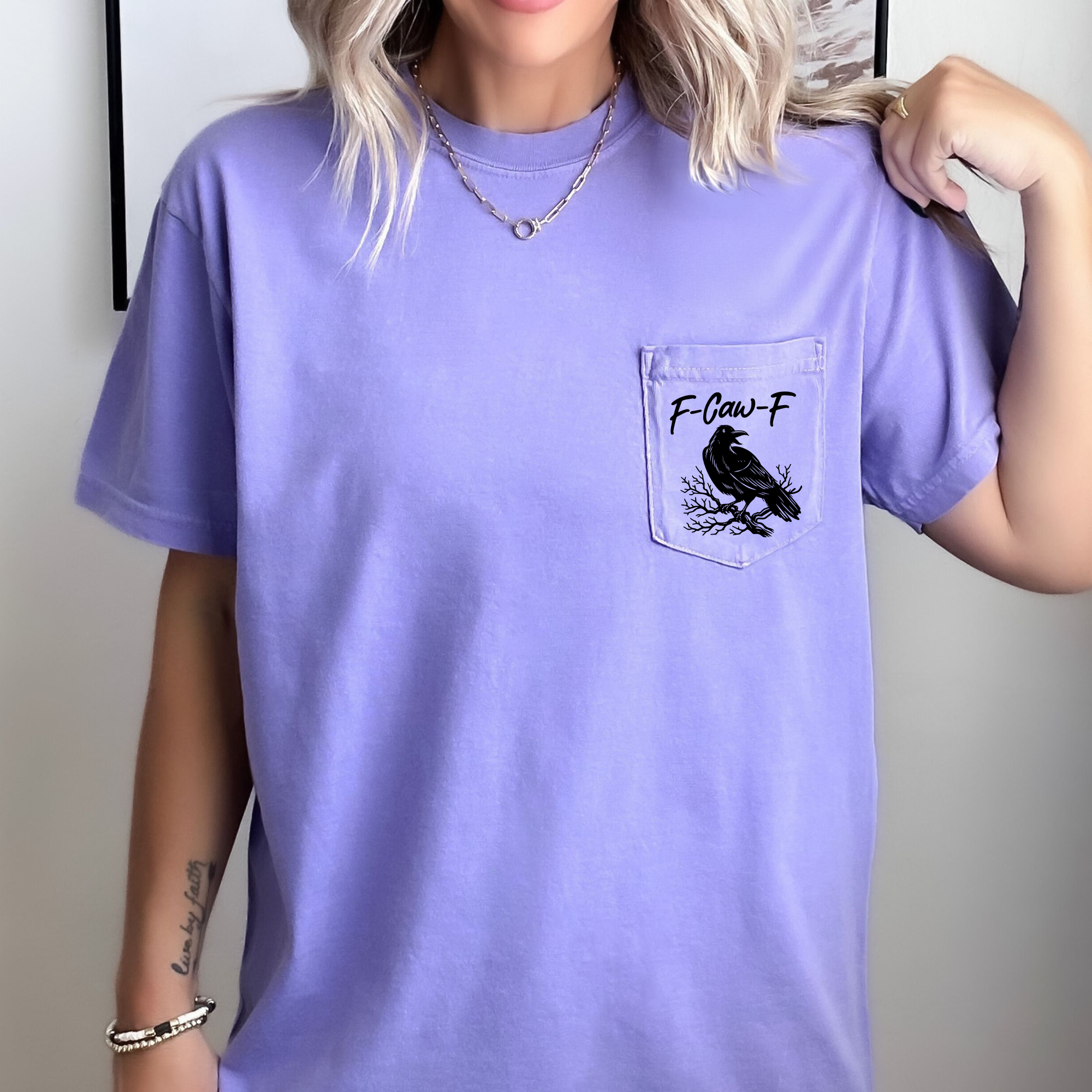 F Caw F Raven Crow Gothic Halloween Witch Spooky Dark Humor Crude Crass Laughs Pocket Vibe Comfort Colors Tee