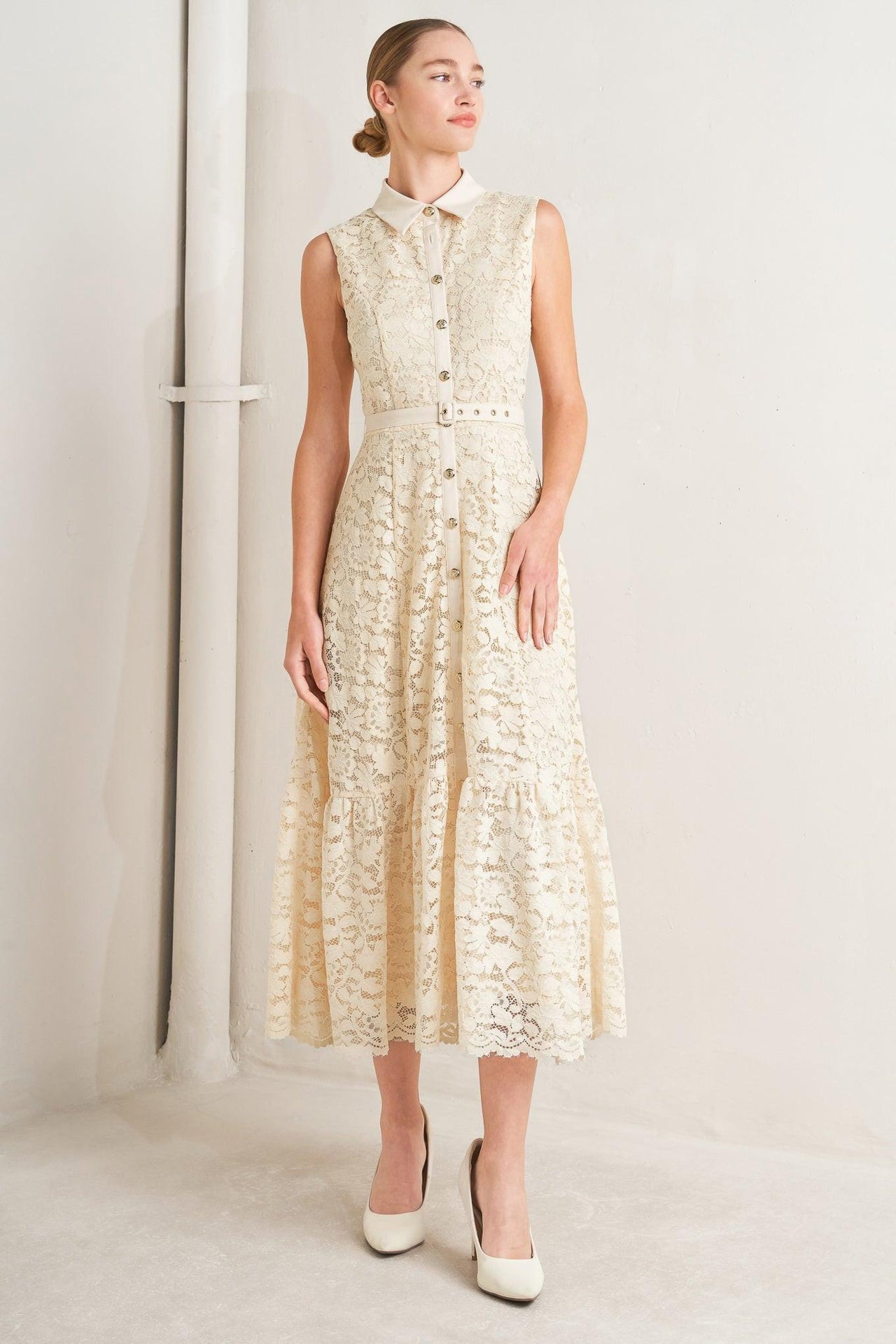 PURELY ROMANTIC WOVEN LACE MIDI DRESS
