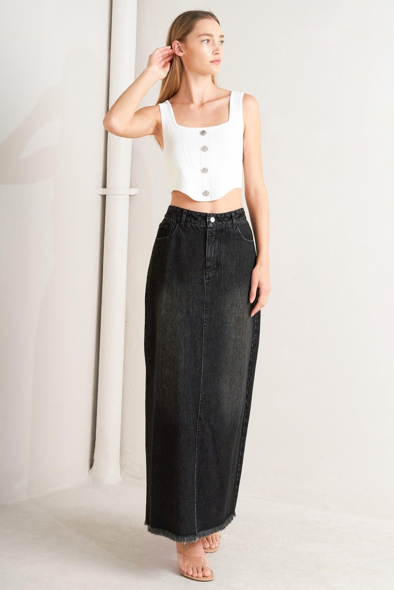 TALK ABOUT BEAUTY DENIM MIDI SKIRT