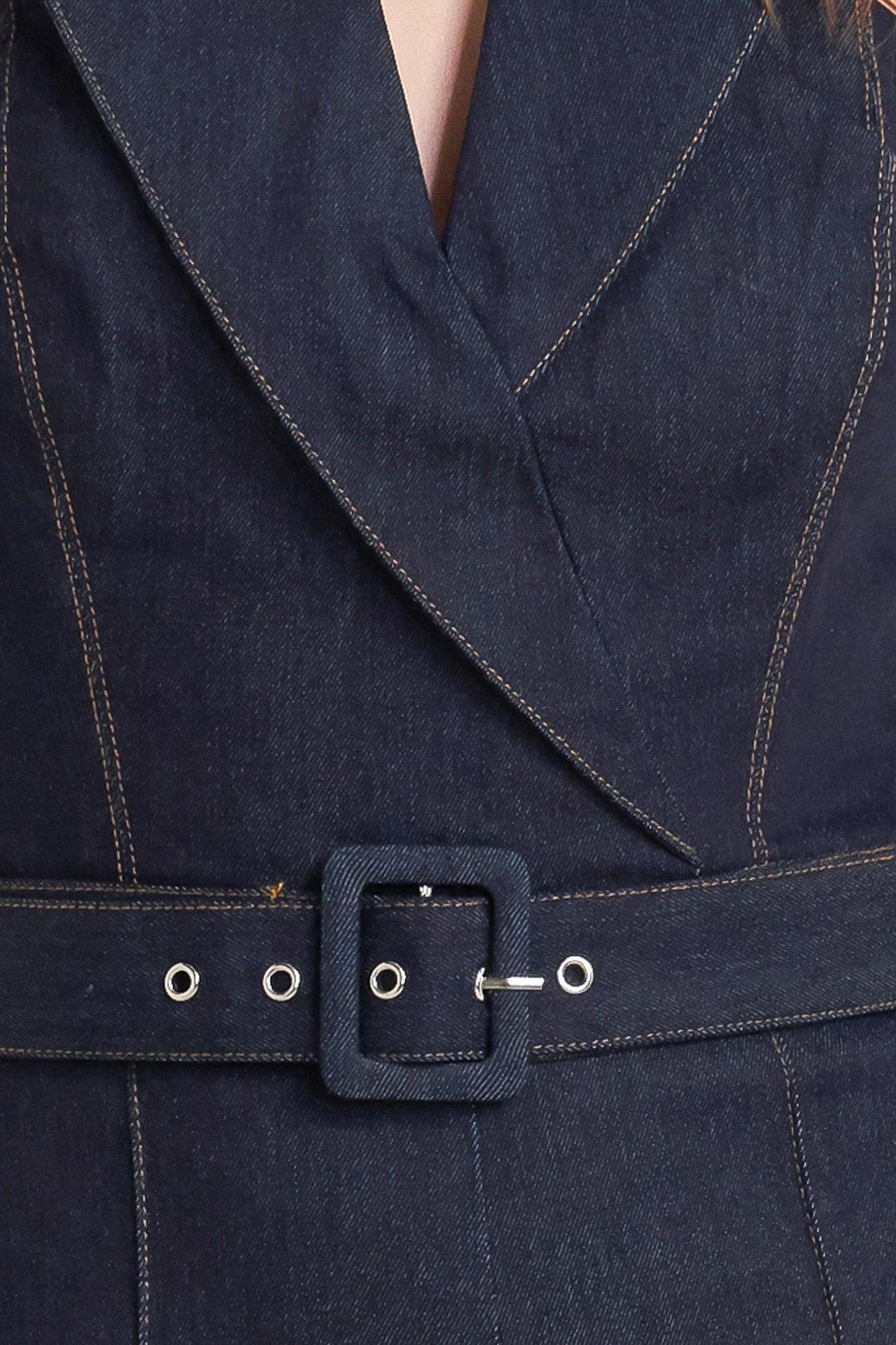 LE BONHEUR V CUT VOW DENIM JUMPSUIT