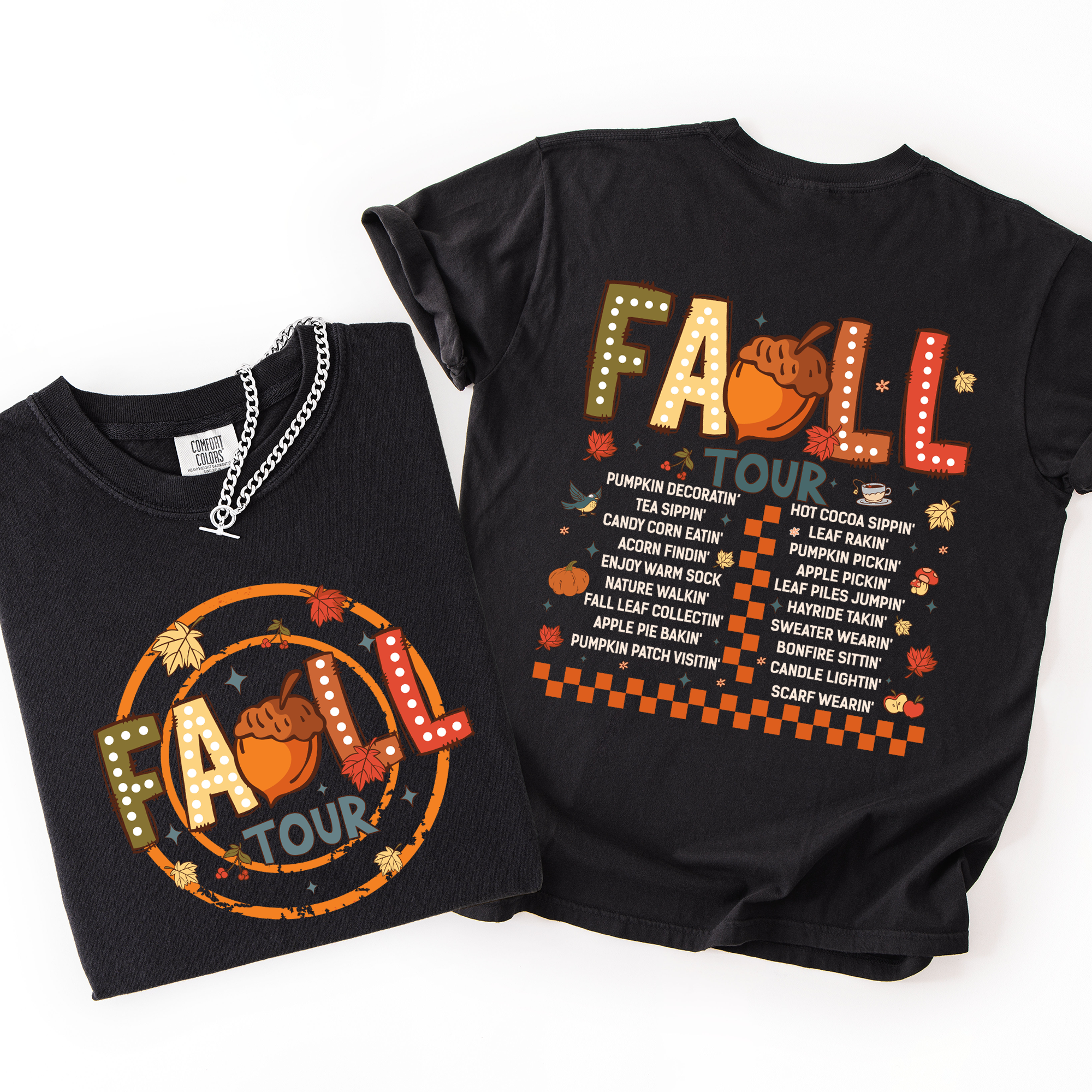 Fall Tour Front And Back Halloween Autumn Checkered Pumpkin Vintage Inspired Comfort Colors Tee