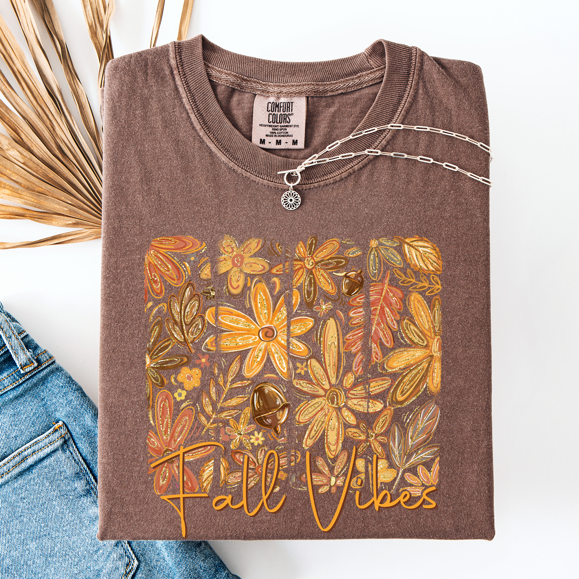 Fall Vibes Colorful Autumn Flowers Vintage Varsity Checkered Pumpkin Comfort Colors Tee