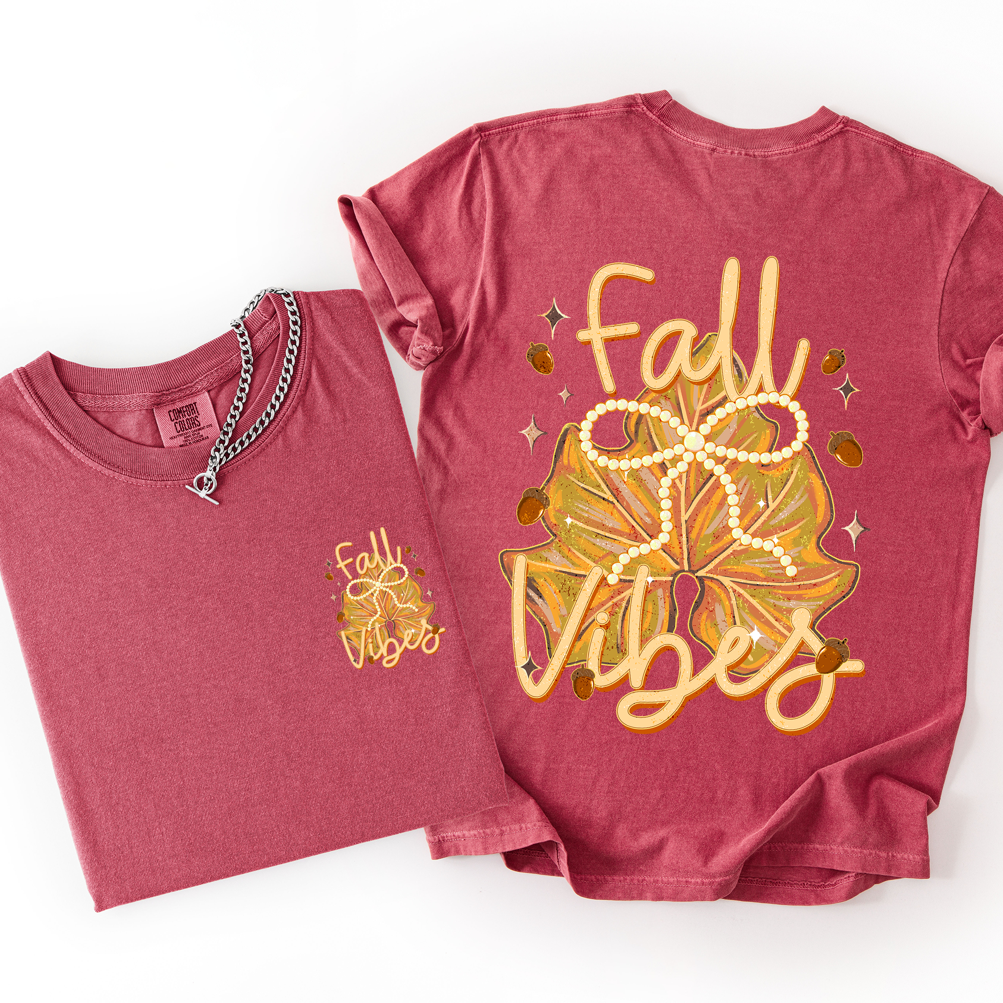 Fall Vibes Coquette Front And Back Leaves Autumn Vintage Inspired Retro Varsity Style Comfort Colors Tee