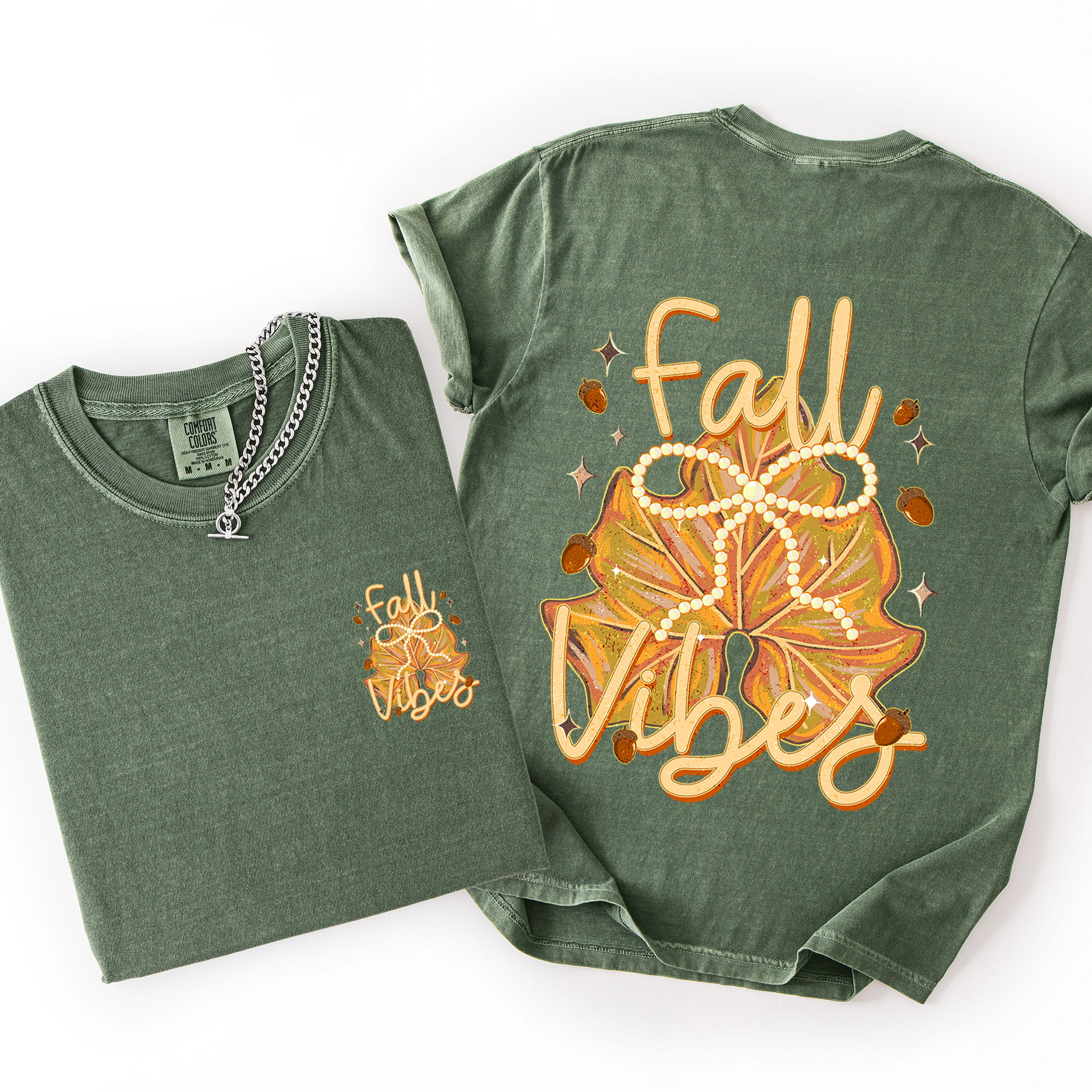 Fall Vibes Coquette Front And Back Leaves Autumn Vintage Inspired Retro Varsity Style Comfort Colors Tee