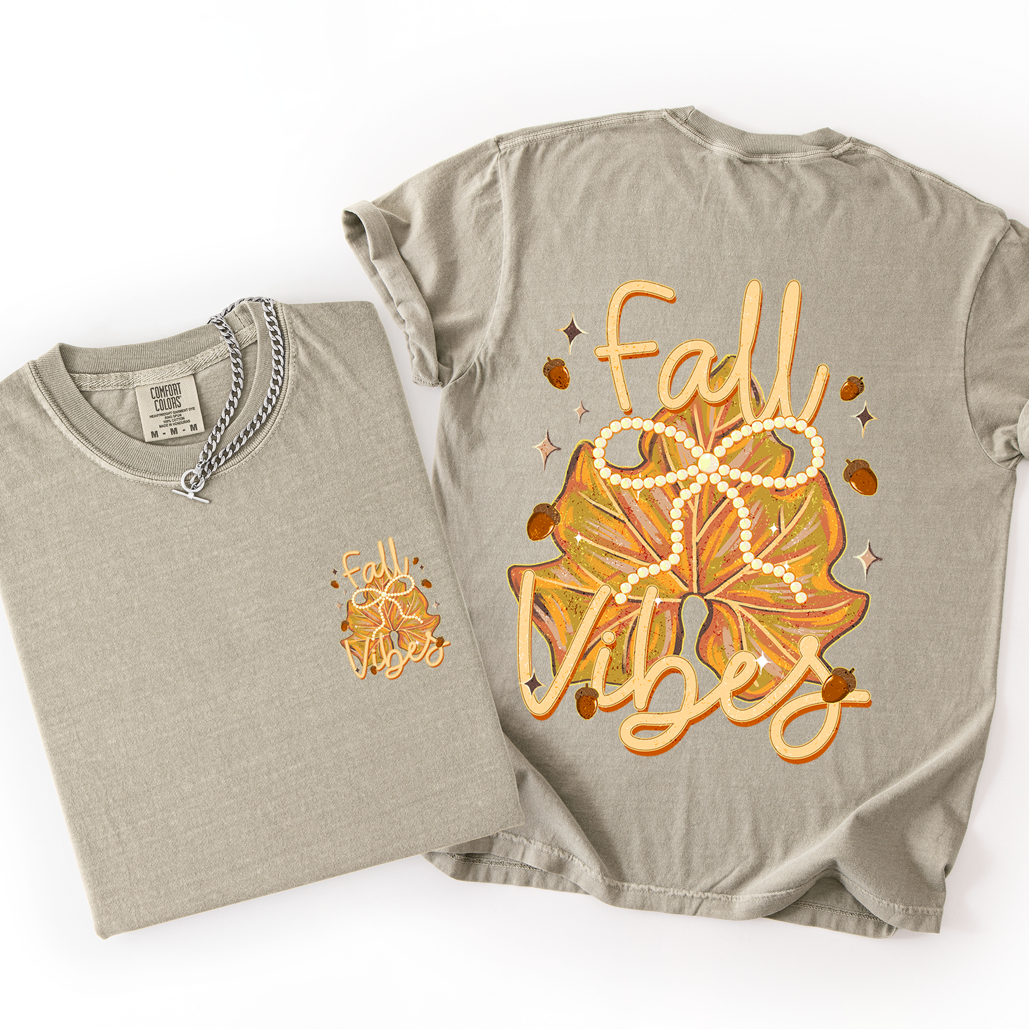 Fall Vibes Coquette Front And Back Leaves Autumn Vintage Inspired Retro Varsity Style Comfort Colors Tee