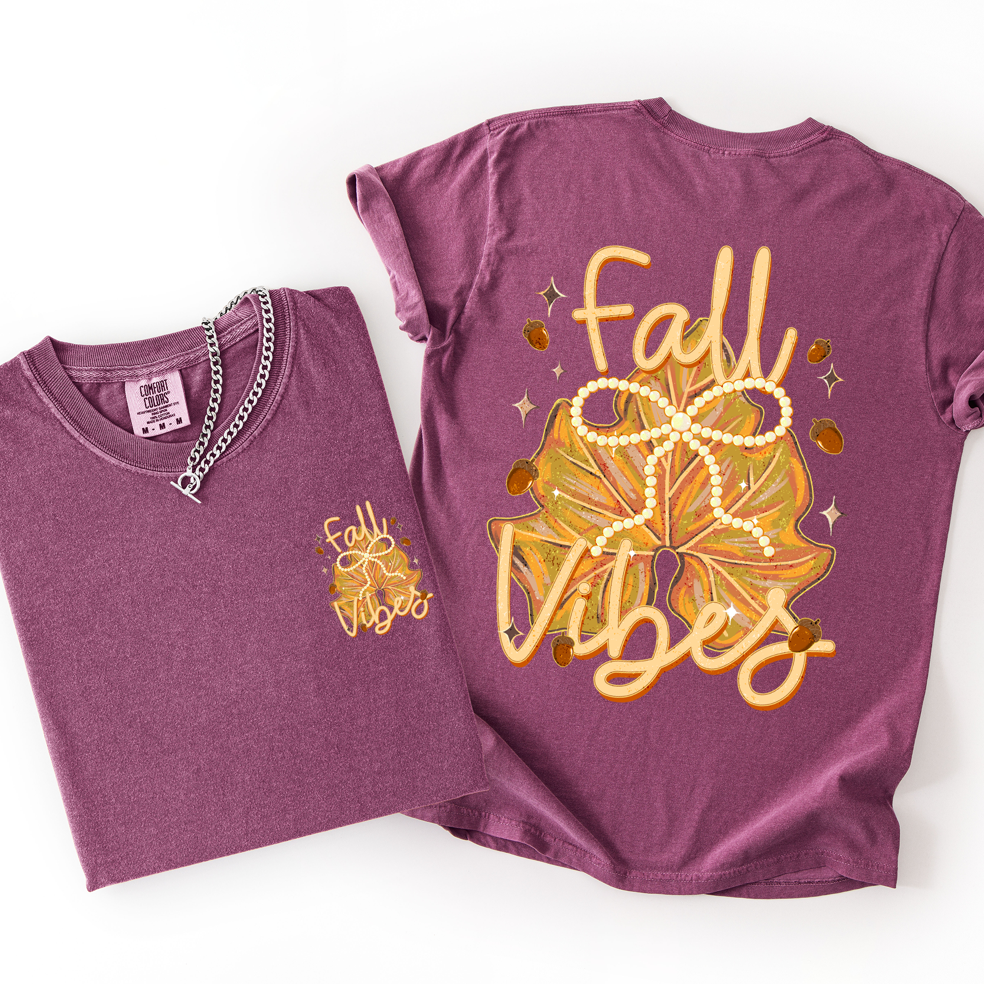 Fall Vibes Coquette Front And Back Leaves Autumn Vintage Inspired Retro Varsity Style Comfort Colors Tee