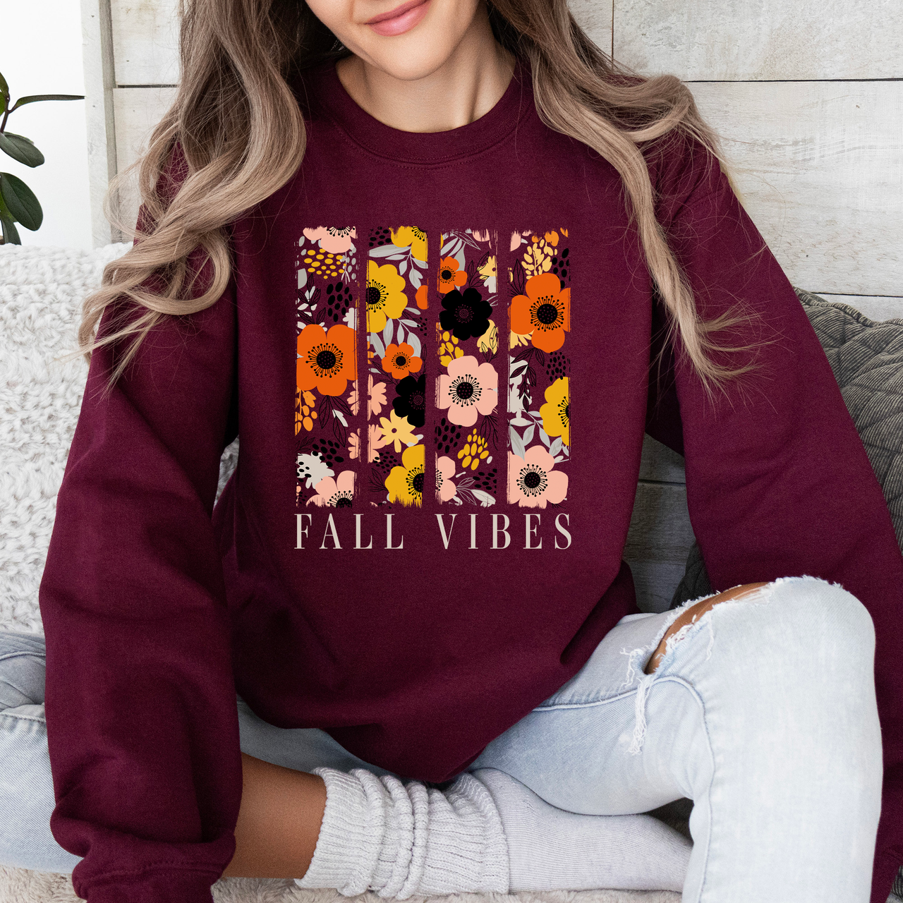 Fall Vibes Floral Stripes Beautiful Autumn Cozy Everyday Wear Soft Warm Lightweight Sweatshirt