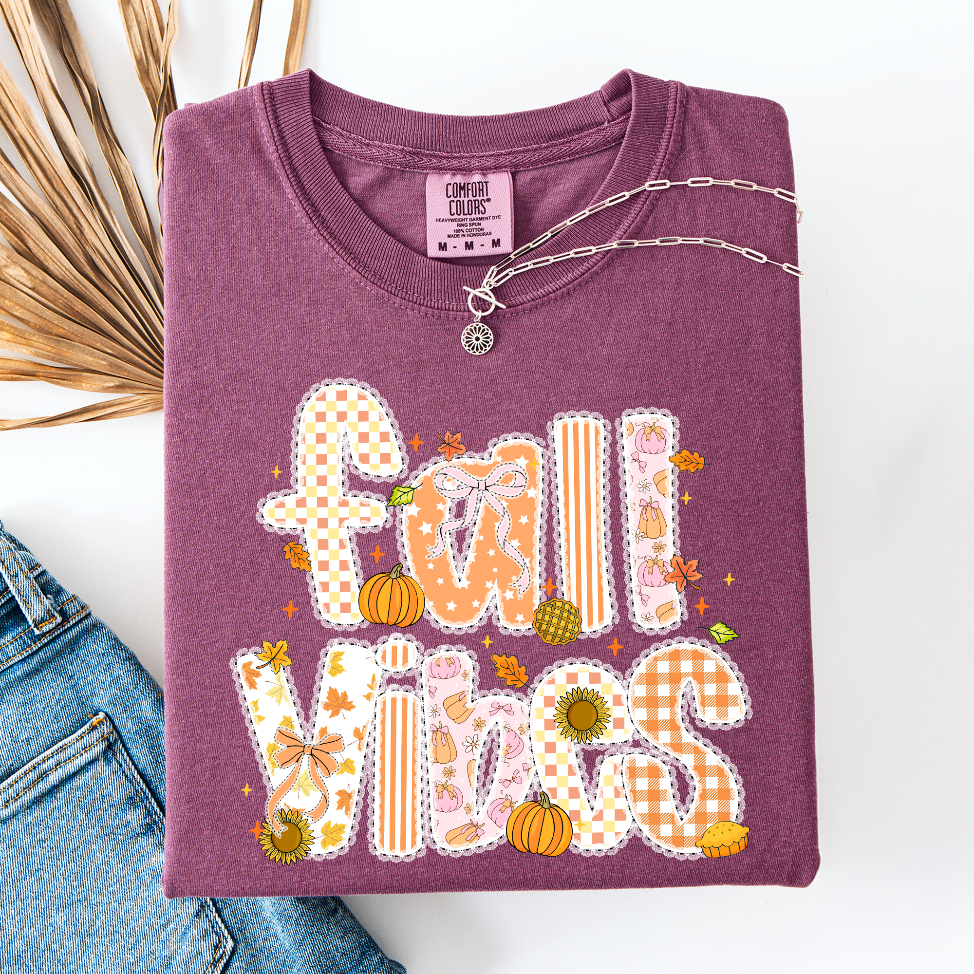Fall Vibes Floral Stripes Pumpkin Motif Vintage Varsity Style Edition Comfort Colors Tee