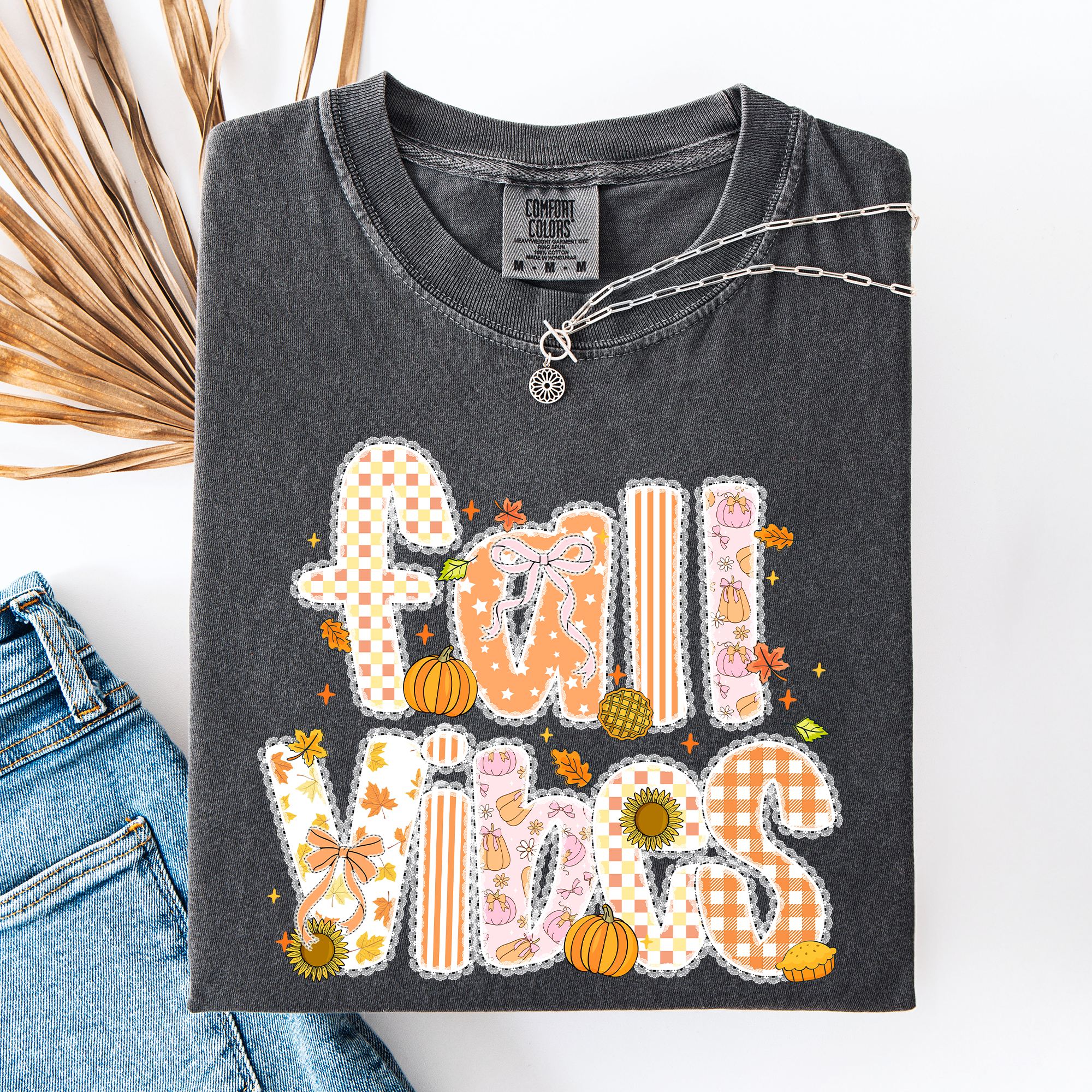 Fall Vibes Floral Stripes Pumpkin Motif Vintage Varsity Style Edition Comfort Colors Tee